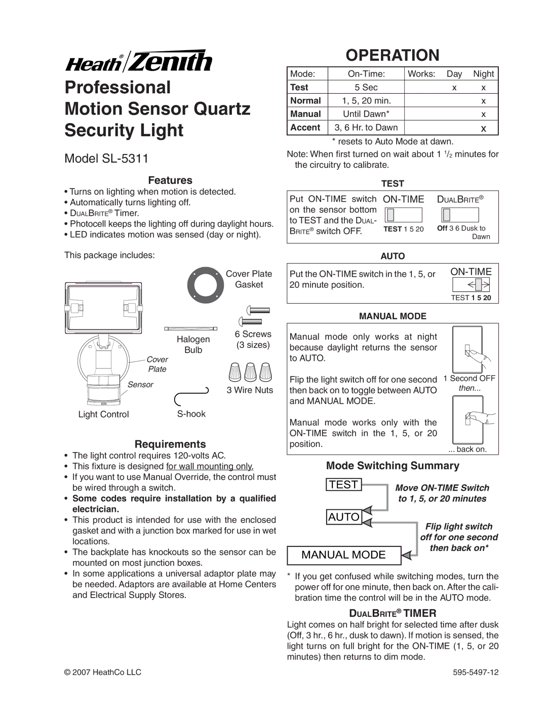 Heath Zenith SL-5311 manual Operation, Features, Requirements, Mode Switching Summary, DualBrite Timer 