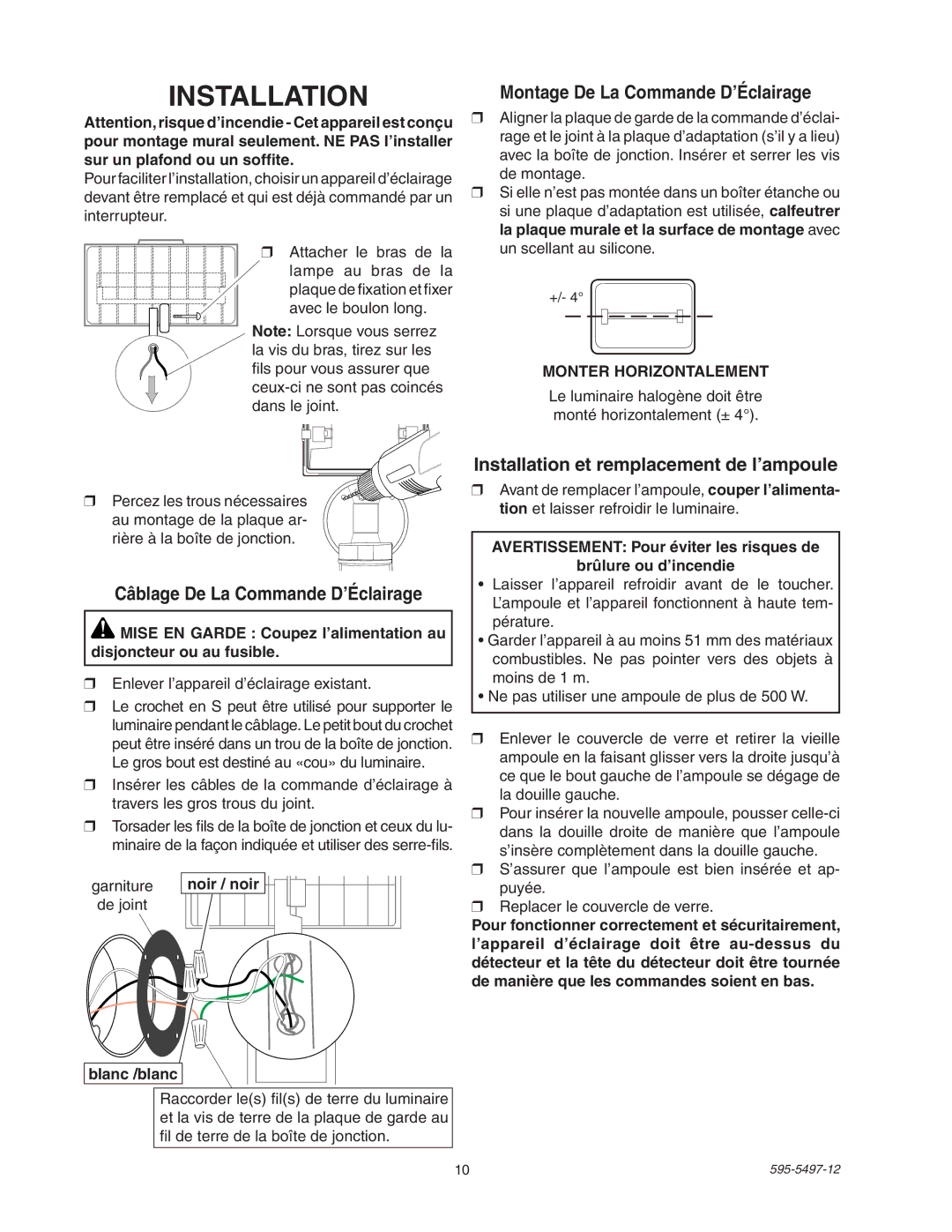 Heath Zenith SL-5311 manual Montage De La Commande D’Éclairage, Câblage De La Commande D’Éclairage, Monter Horizontalement 