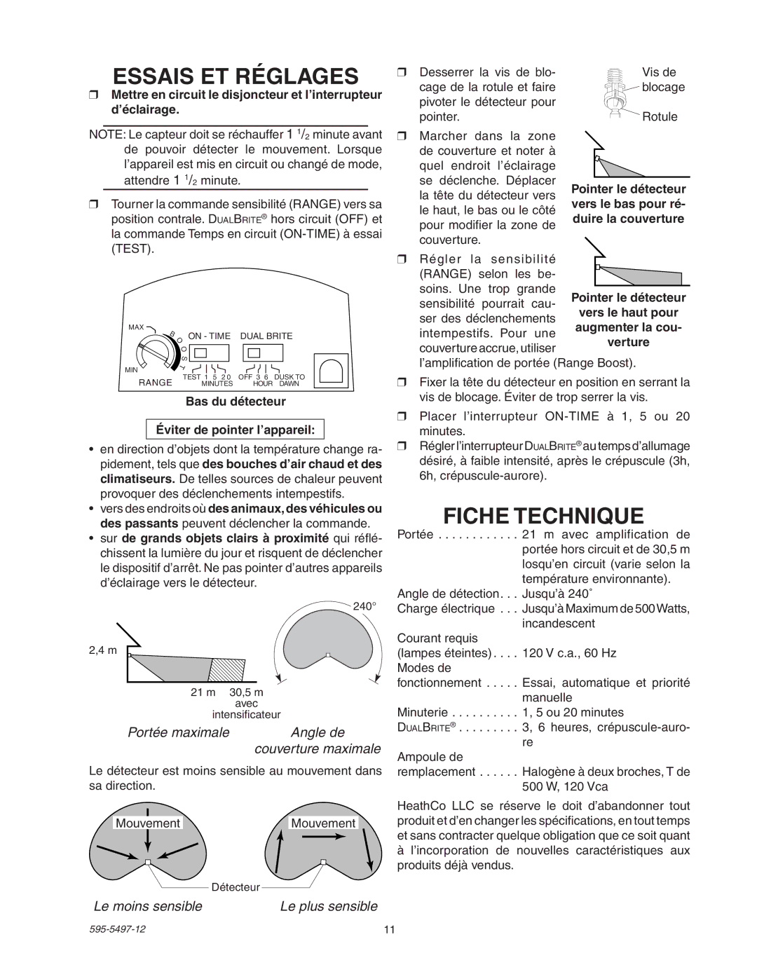 Heath Zenith SL-5311 manual Essais ET Réglages, Fiche Technique, Angle de, Le moins sensible 