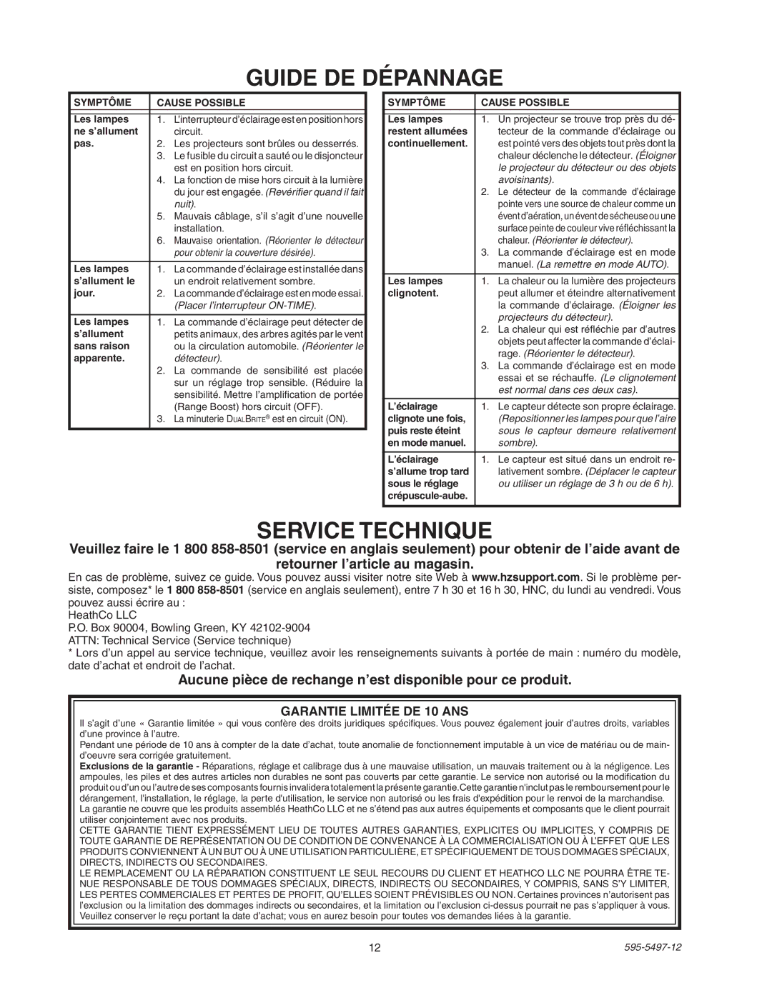 Heath Zenith SL-5311 manual Guide DE Dépannage, Service Technique, Garantie Limitée DE 10 ANS 