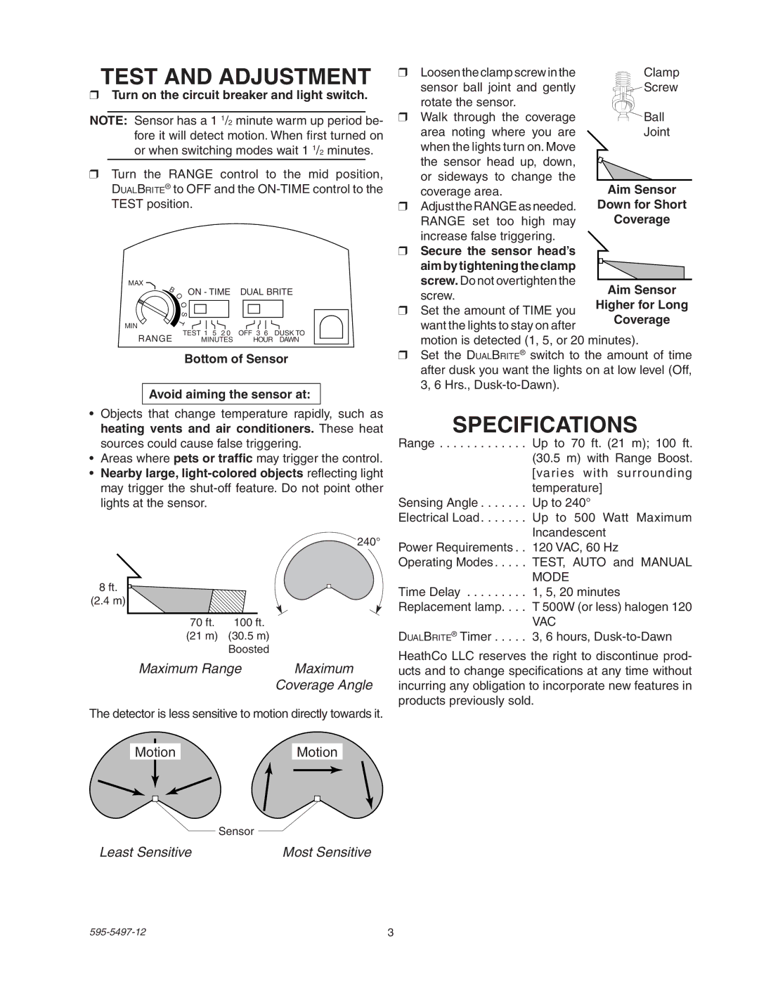 Heath Zenith SL-5311 manual Test and Adjustment, Specifications, Maximum Range, Least Sensitive 