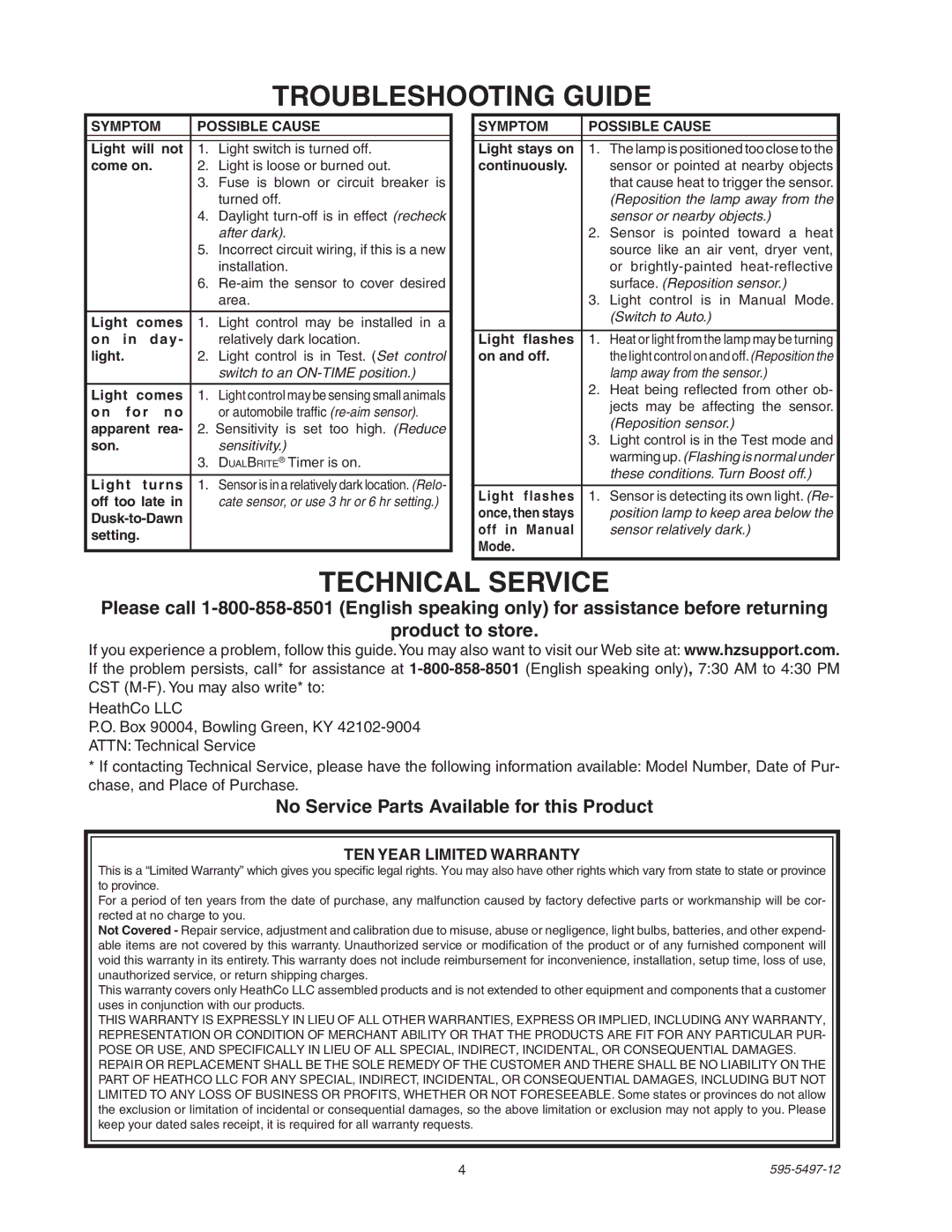 Heath Zenith SL-5311 manual Troubleshooting Guide, No Service Parts Available for this Product, TEN Year Limited Warranty 