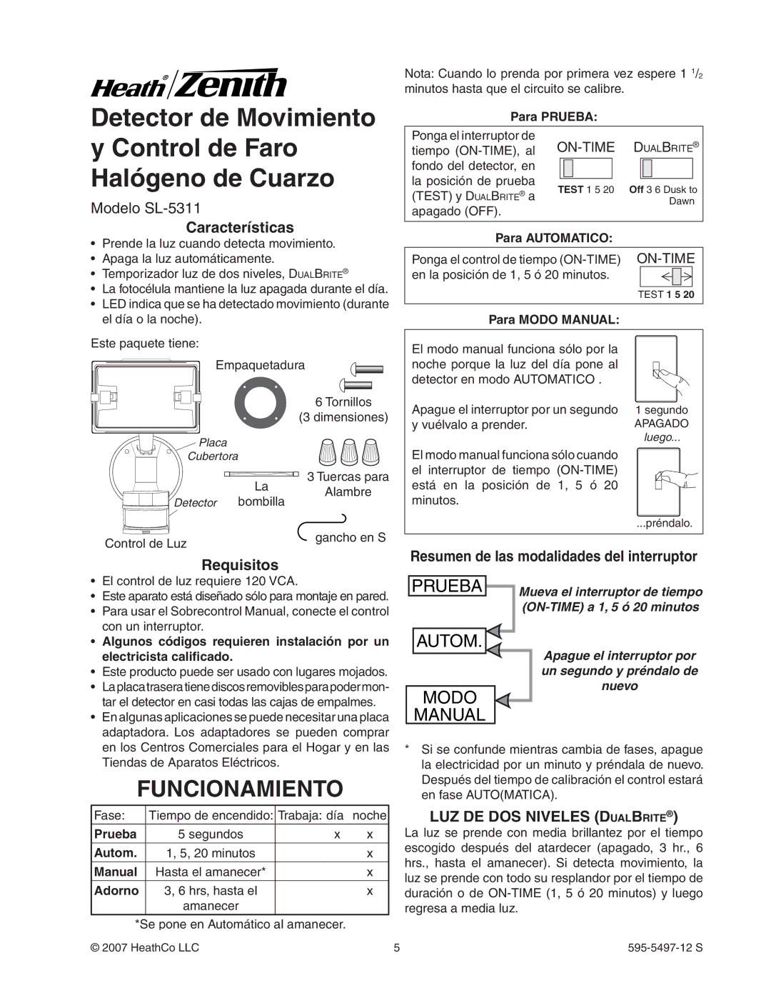 Heath Zenith SL-5311 manual Funcionamiento, Características, Requisitos, Resumen de las modalidades del interruptor 