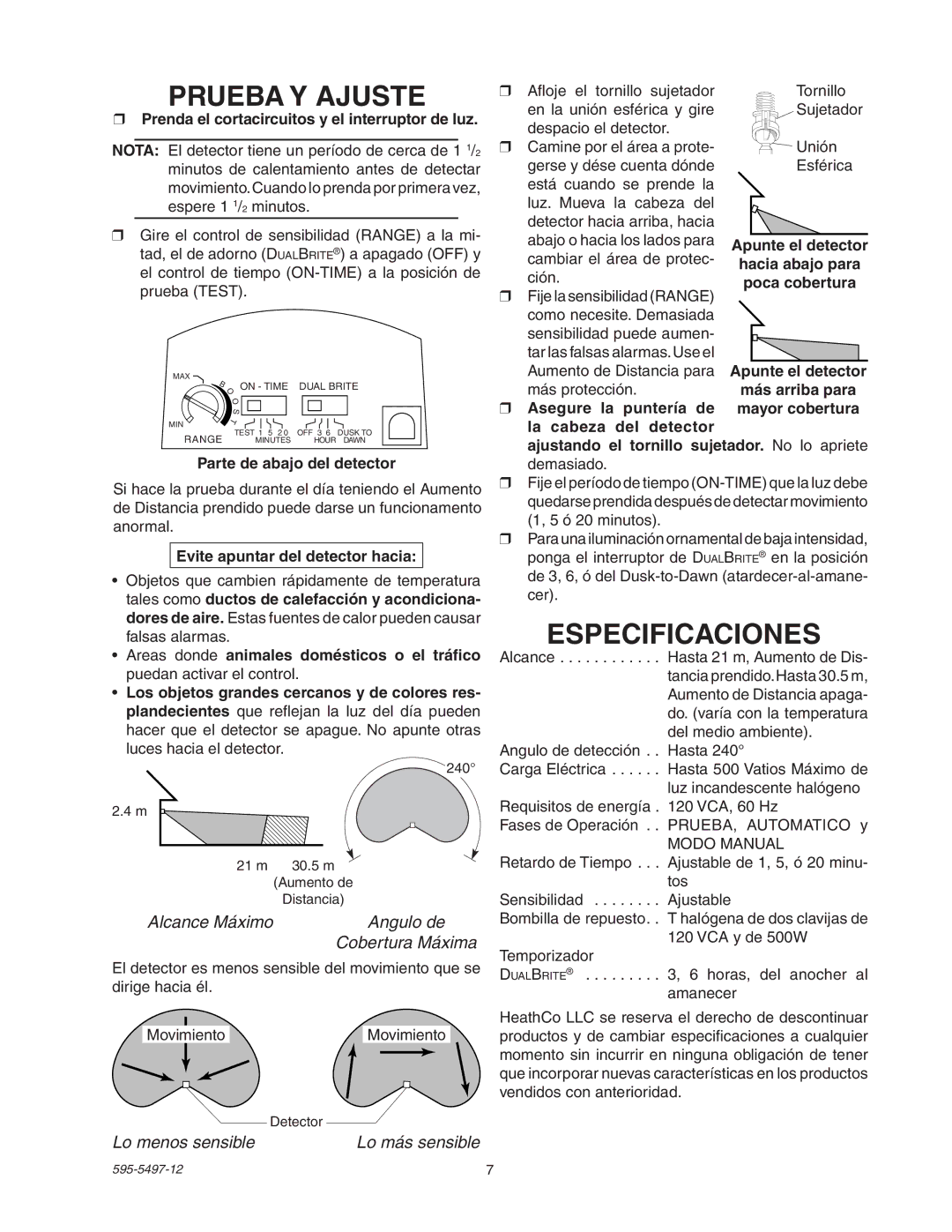 Heath Zenith SL-5311 manual Prueba Y Ajuste, Especificaciones, Angulo de, Cobertura Máxima, Lo menos sensible 