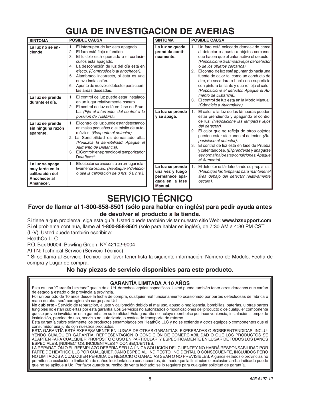 Heath Zenith SL-5311 manual Guia DE Investigacion DE Averias, Servicio Técnico, Garantía Limitada a 10 Años 