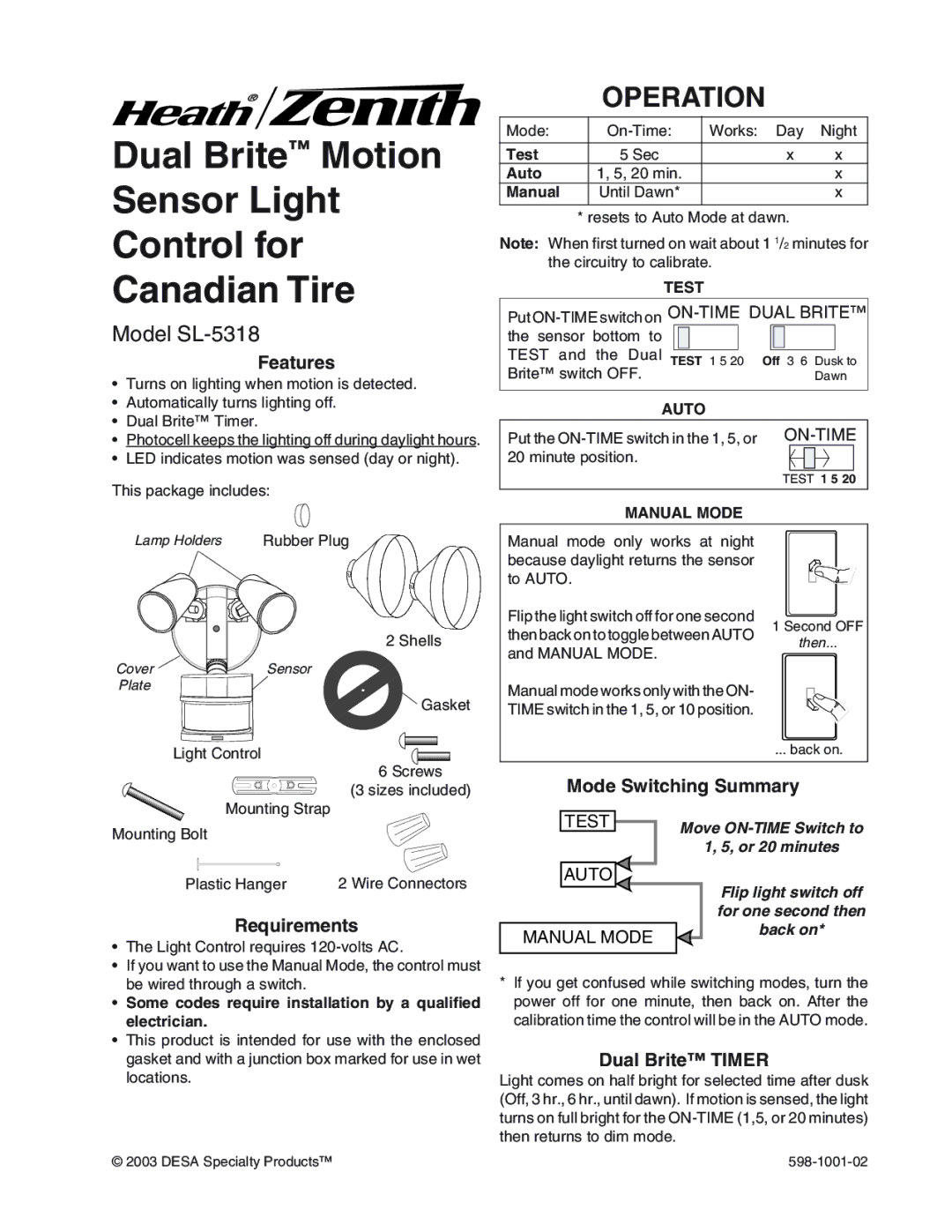 Heath Zenith manual Operation, Model SL-5318 