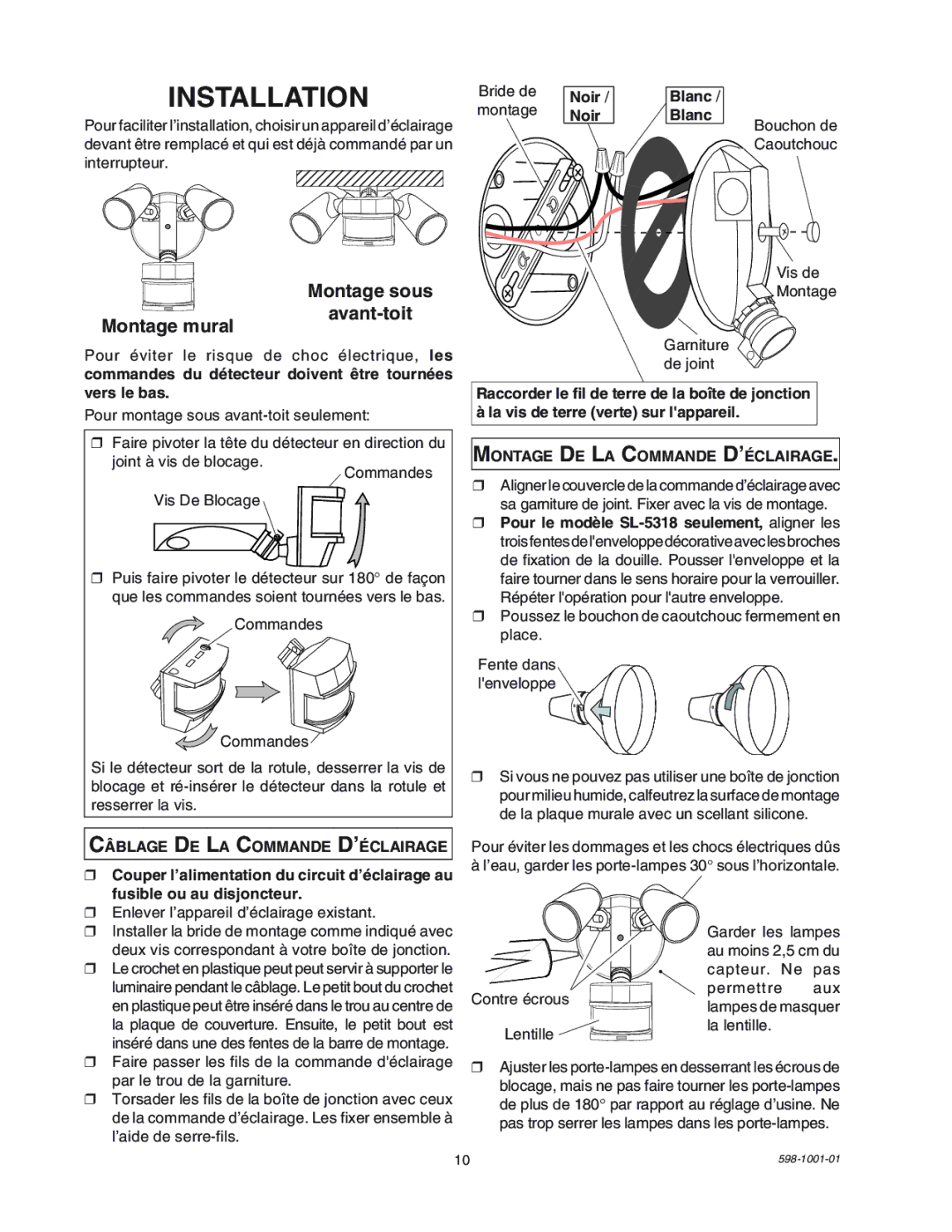 Heath Zenith SL-5318 manual Montage sous, Montage mural Avant-toit, Noir Blanc, CåBLAGE DE LA Commande DÕƒCLAIRAGE 