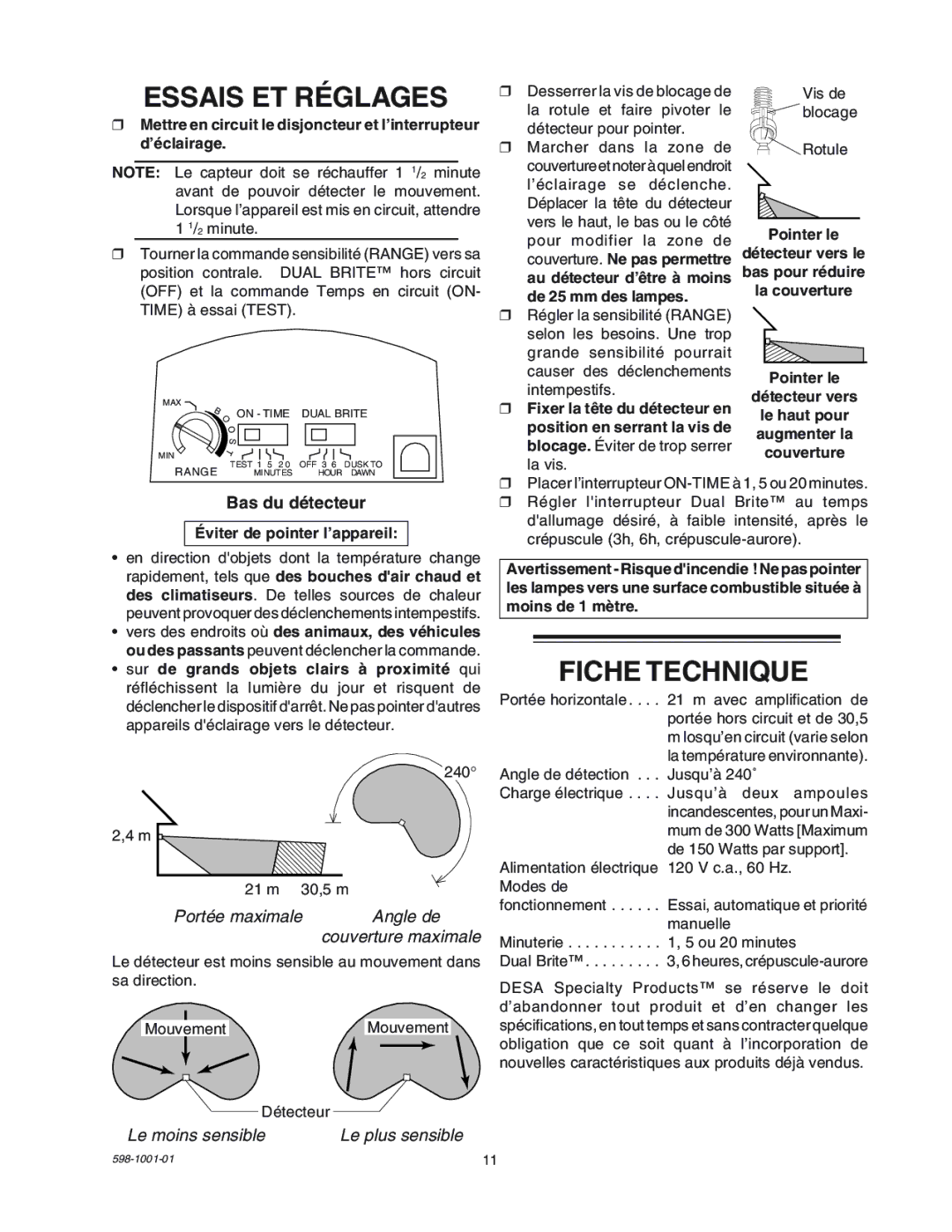 Heath Zenith SL-5318 manual Fiche Technique, Bas du dŽtecteur, Portée maximale Angle de, Le moins sensible Le plus sensible 