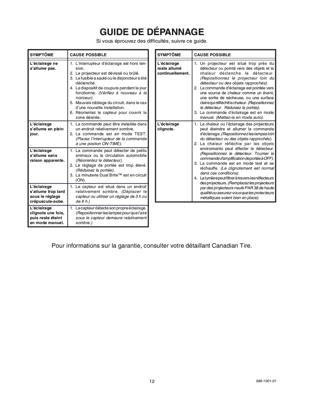 Heath Zenith SL-5318 manual Guide DE DƒPANNAGE, Si vous éprouvez des difficultés, suivre ce guide 