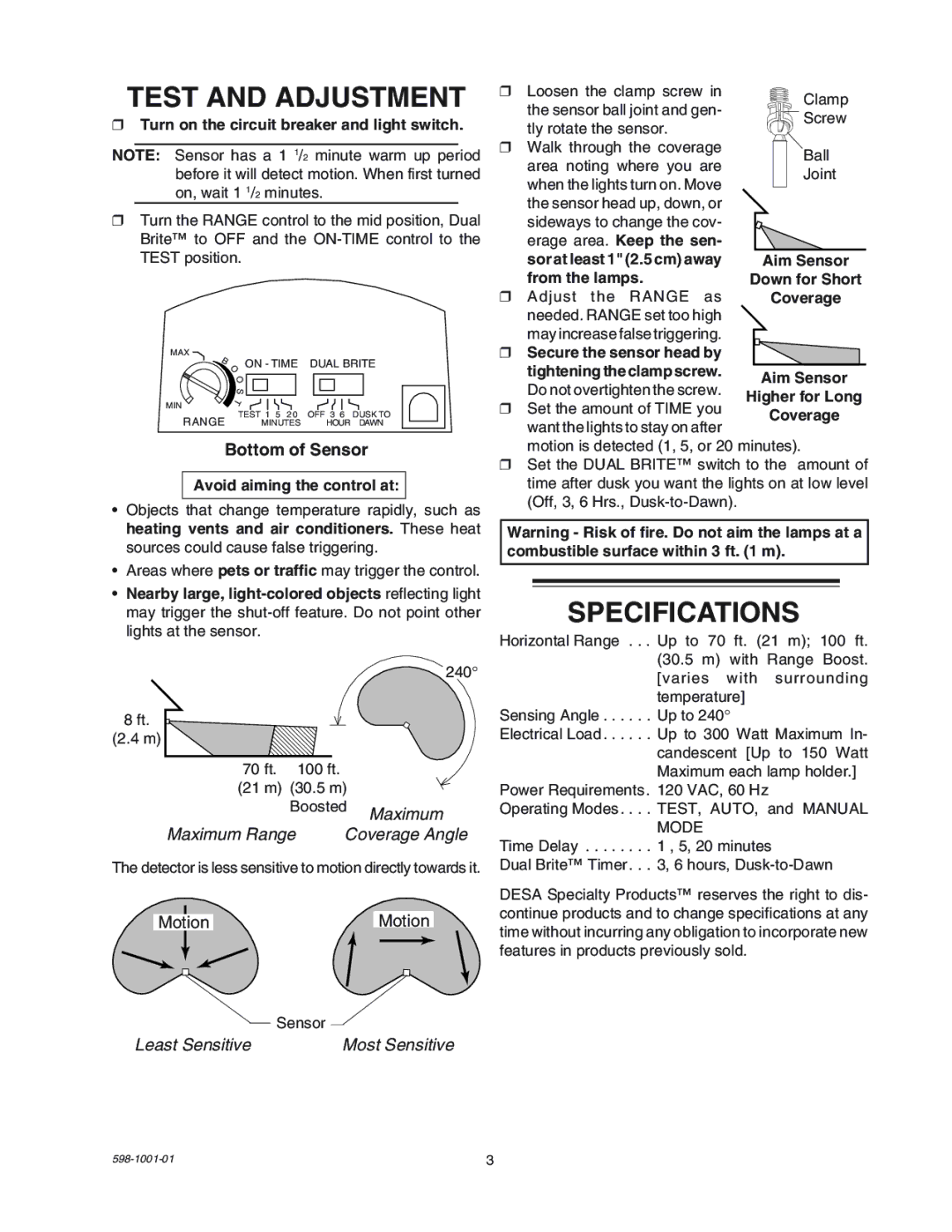 Heath Zenith SL-5318 manual Test and Adjustment, Specifications, Bottom of Sensor, Coverage Angle, Least Sensitive 