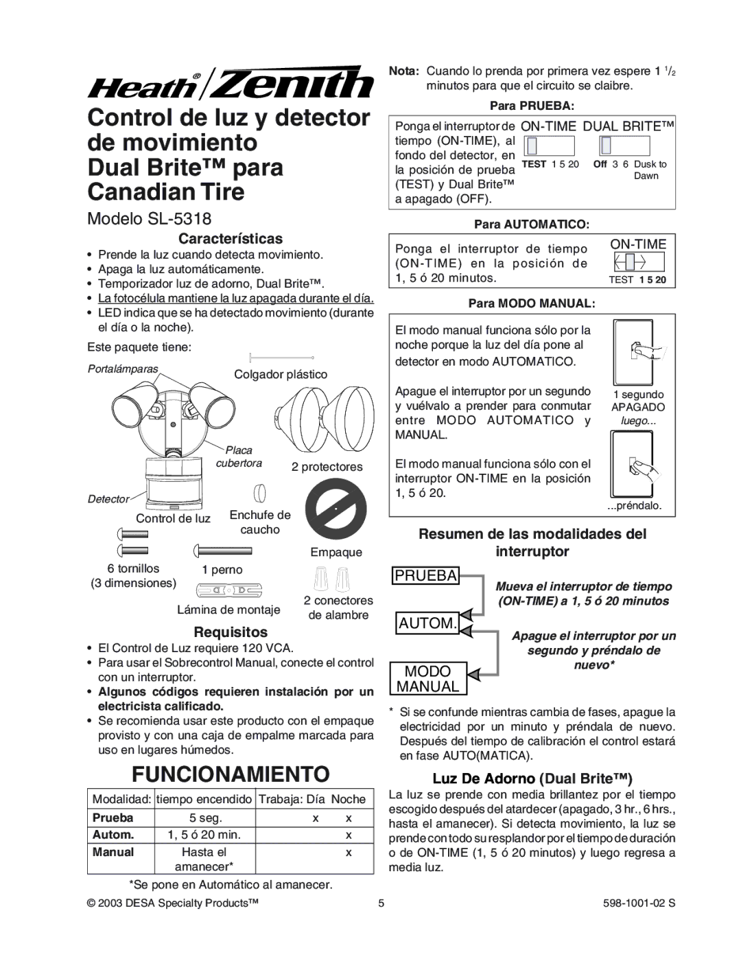 Heath Zenith manual Funcionamiento, Modelo SL-5318 