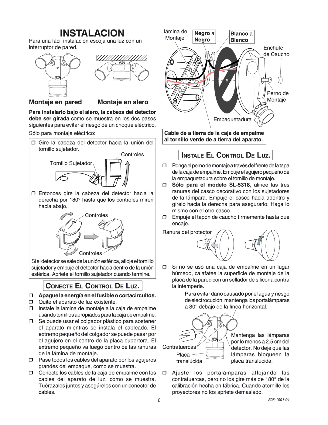 Heath Zenith SL-5318 Instalacion, Montaje en pared Montaje en alero, Conecte EL Control DE LUZ, Instale EL Control DE LUZ 