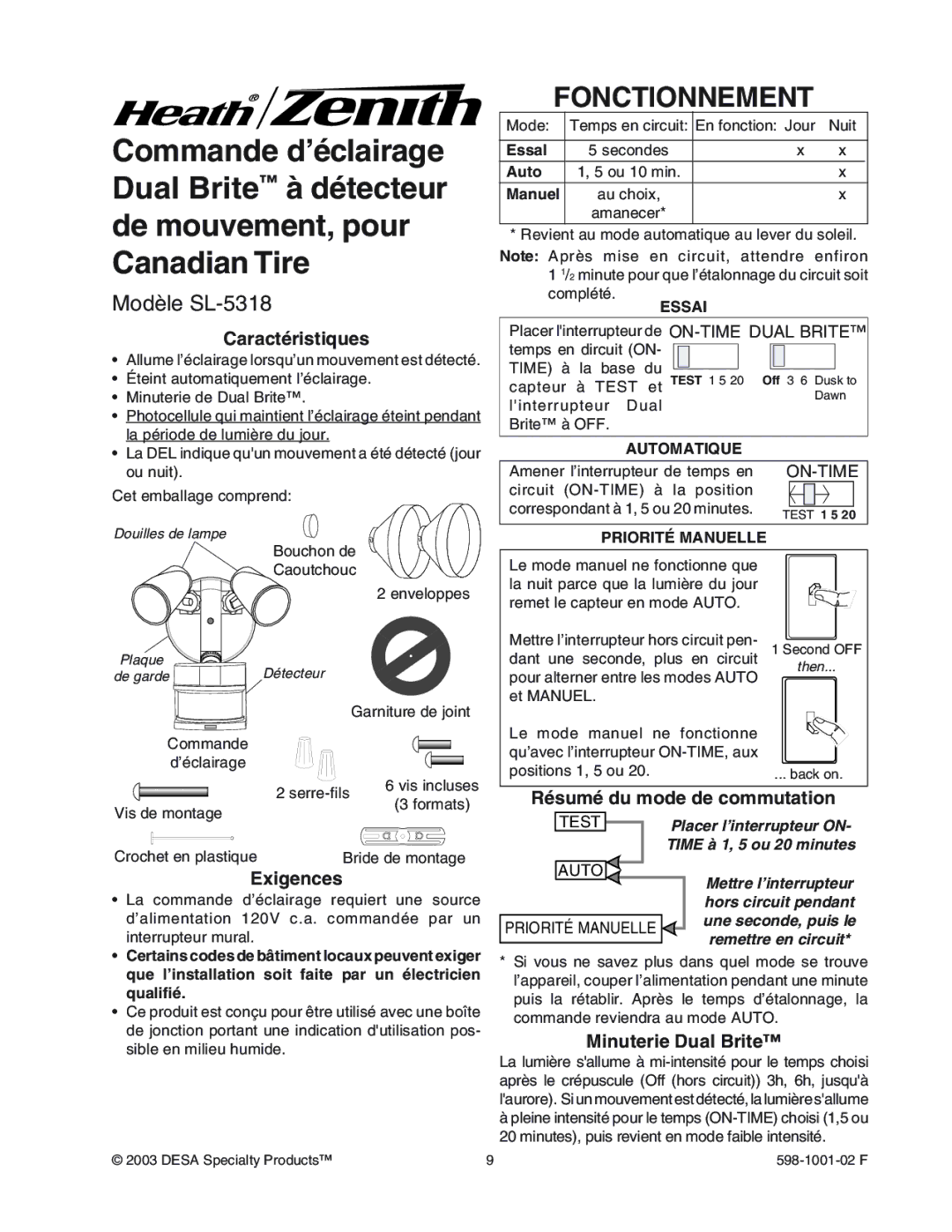 Heath Zenith manual Fonctionnement, Modèle SL-5318 