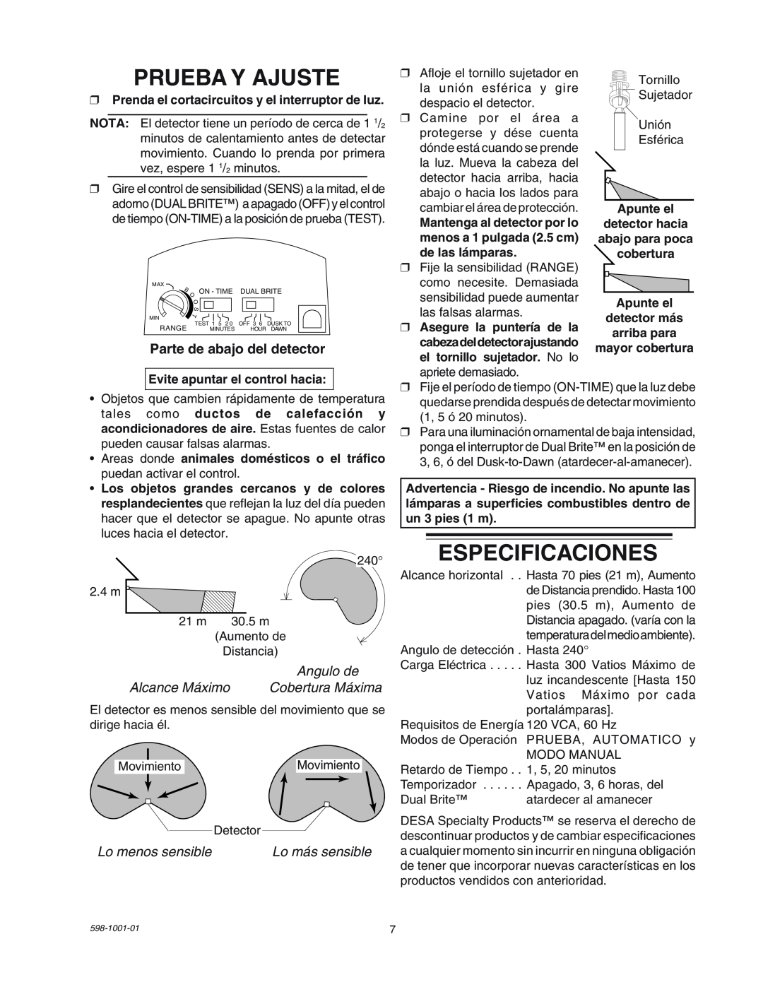 Heath Zenith SL-5318 manual Prueba Y Ajuste, Especificaciones, Parte de abajo del detector, Angulo de, Lo menos sensible 