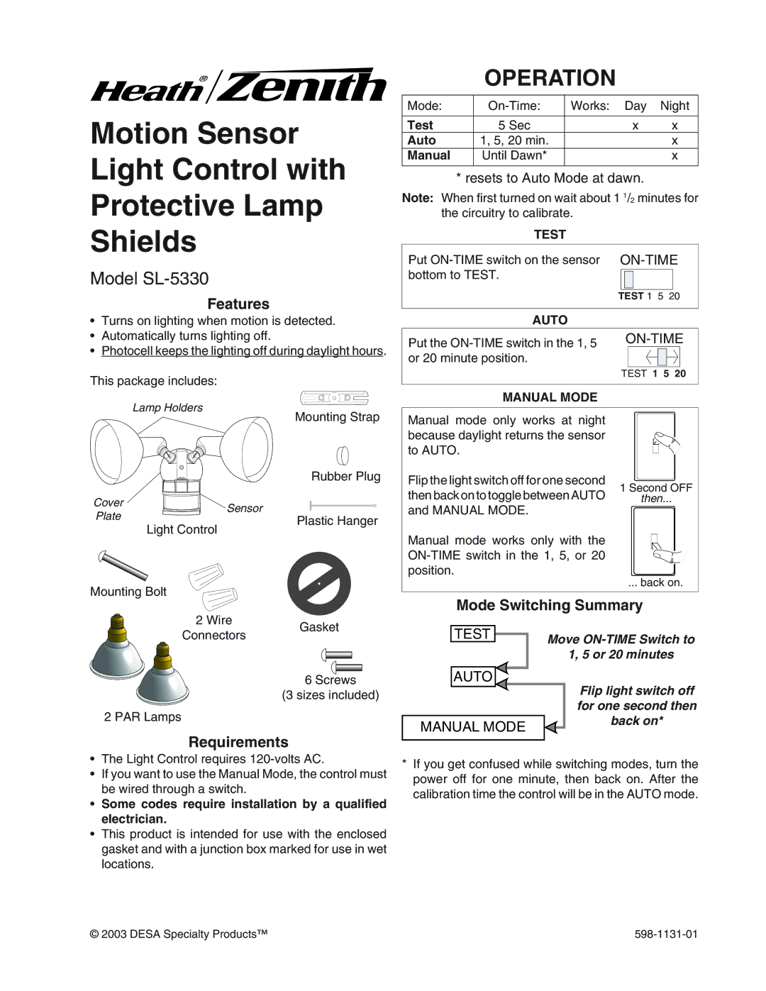 Heath Zenith SL-5330 manual Operation, Features, Requirements, Mode Switching Summary 