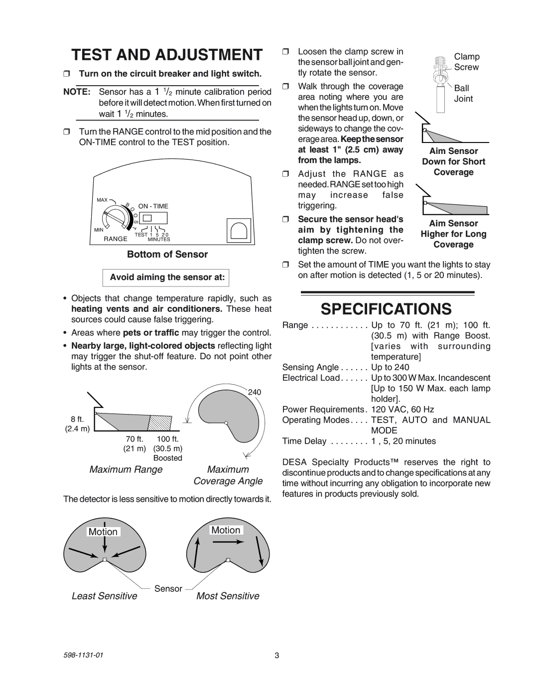 Heath Zenith SL-5330 manual Test and Adjustment, Specifications, Turn on the circuit breaker and light switch 