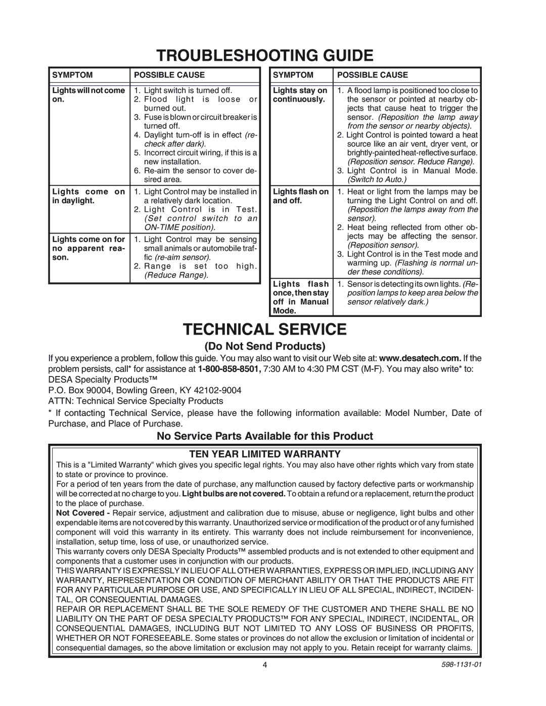 Heath Zenith SL-5330 manual Troubleshooting Guide, Technical Service, Do Not Send Products 