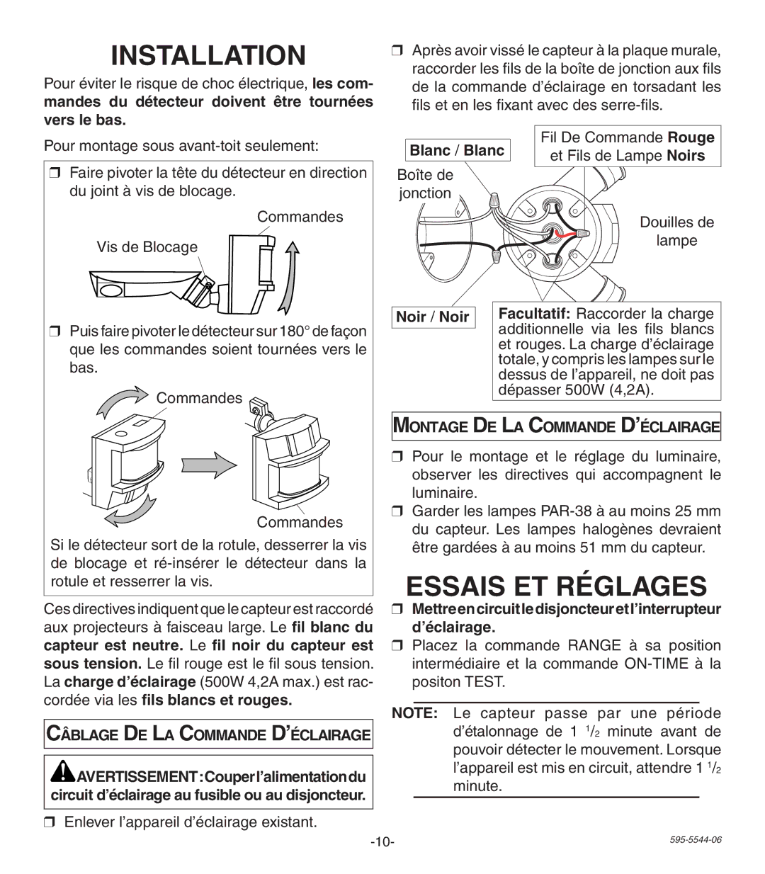 Heath Zenith SL-5407 manual Essais ET Réglages 