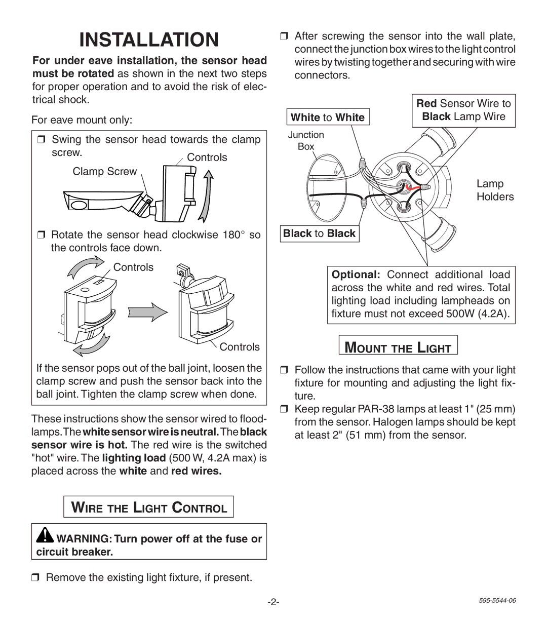 Heath Zenith SL-5407 manual Installation, White to White, Wire the Light Control, Black to Black, Mount the Light 