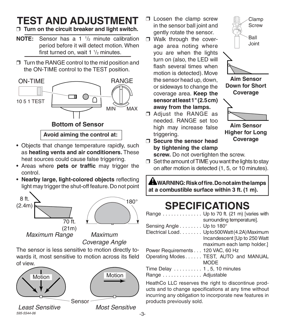 Heath Zenith SL-5407 manual Test and Adjustment, Specifications, Bottom of Sensor 