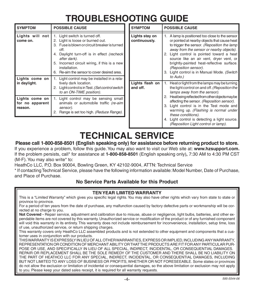 Heath Zenith SL-5407 manual Troubleshooting Guide, Technical Service, No Service Parts Available for this Product 