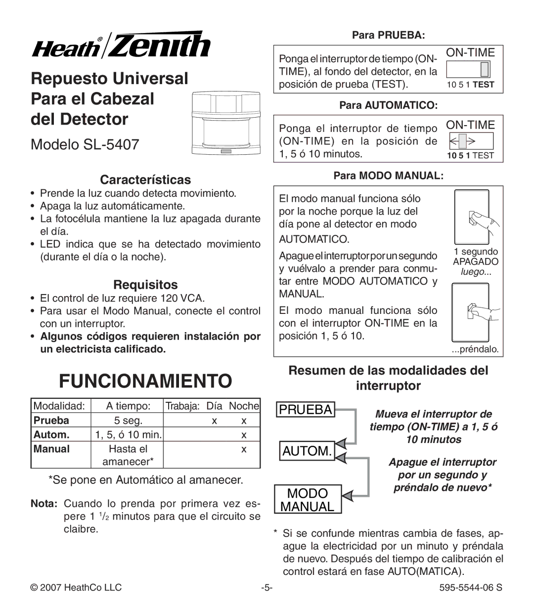 Heath Zenith manual Funcionamiento, Del Detector Modelo SL-5407, Características, Requisitos 