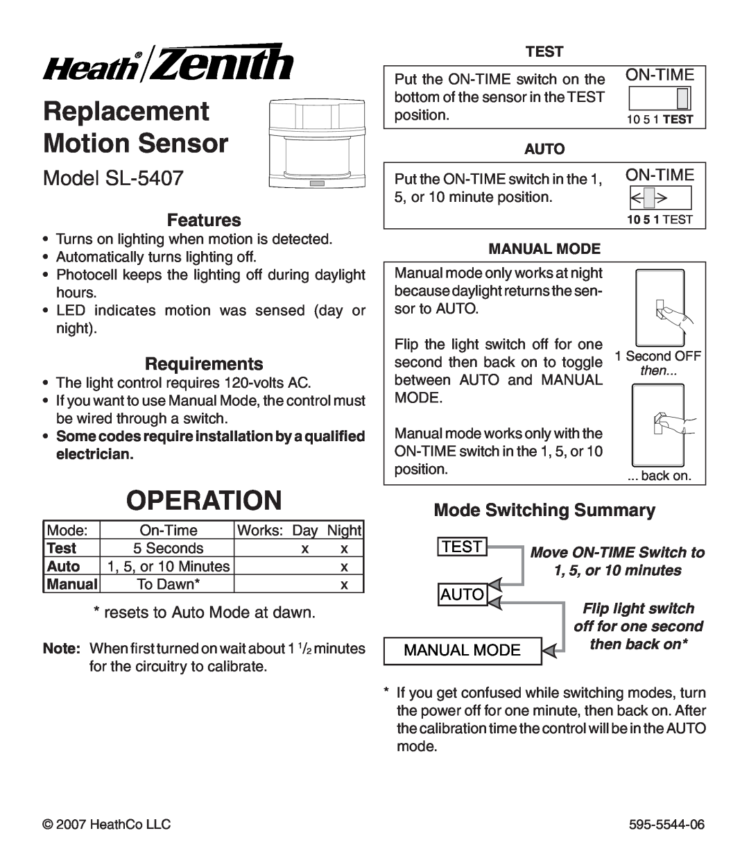 Heath Zenith manual Replacement Motion Sensor, Operation, Model SL-5407, Features, Requirements, Mode Switching Summary 