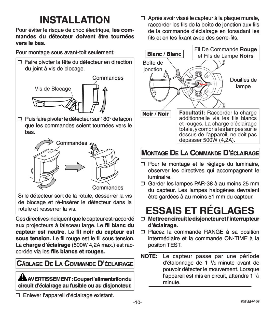Heath Zenith SL-5407 manual Essais Et Réglages, Câblage De La Commande D’éclairage, Blanc, Noir / Noir, Installation 