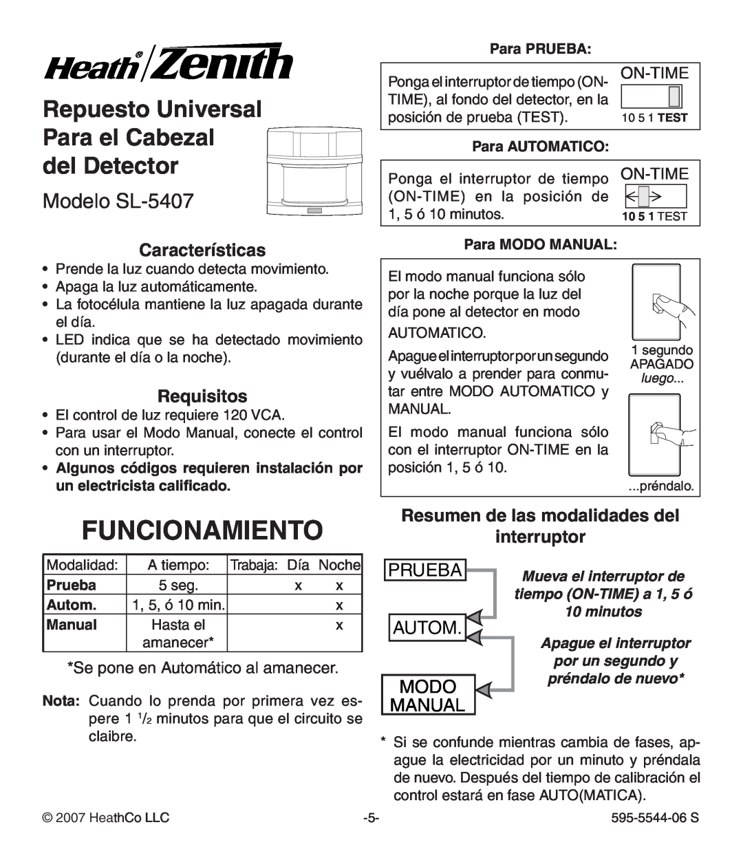Heath Zenith Funcionamiento, del Detector Modelo SL-5407, Características, Requisitos, Para PRUEBA, Para AUTOMATICO 