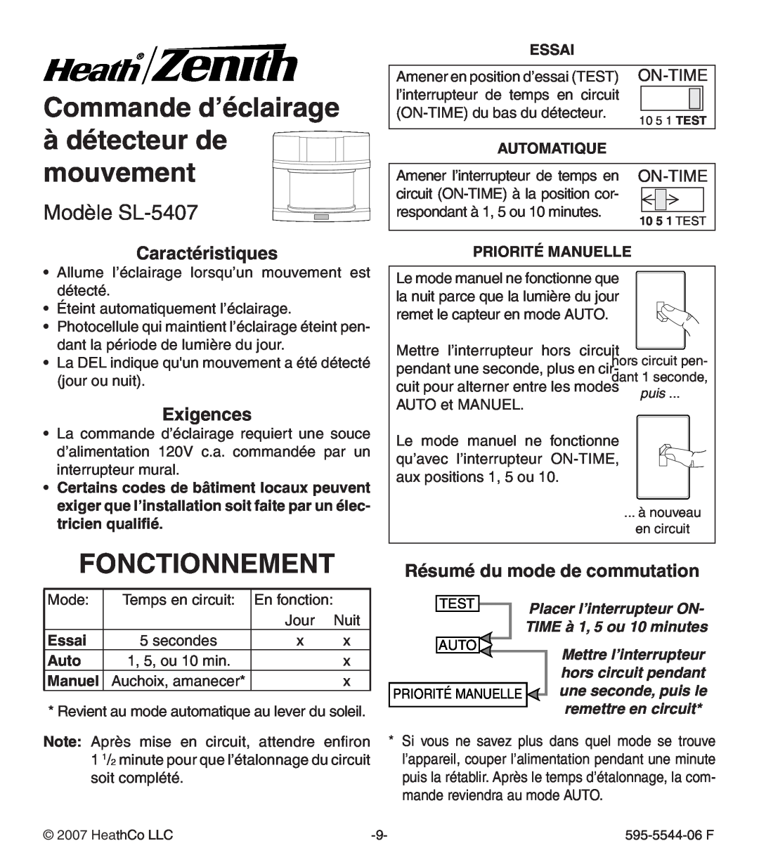 Heath Zenith Commande d’éclairage à détecteur de mouvement, Fonctionnement, Modèle SL-5407, Caractéristiques, Exigences 