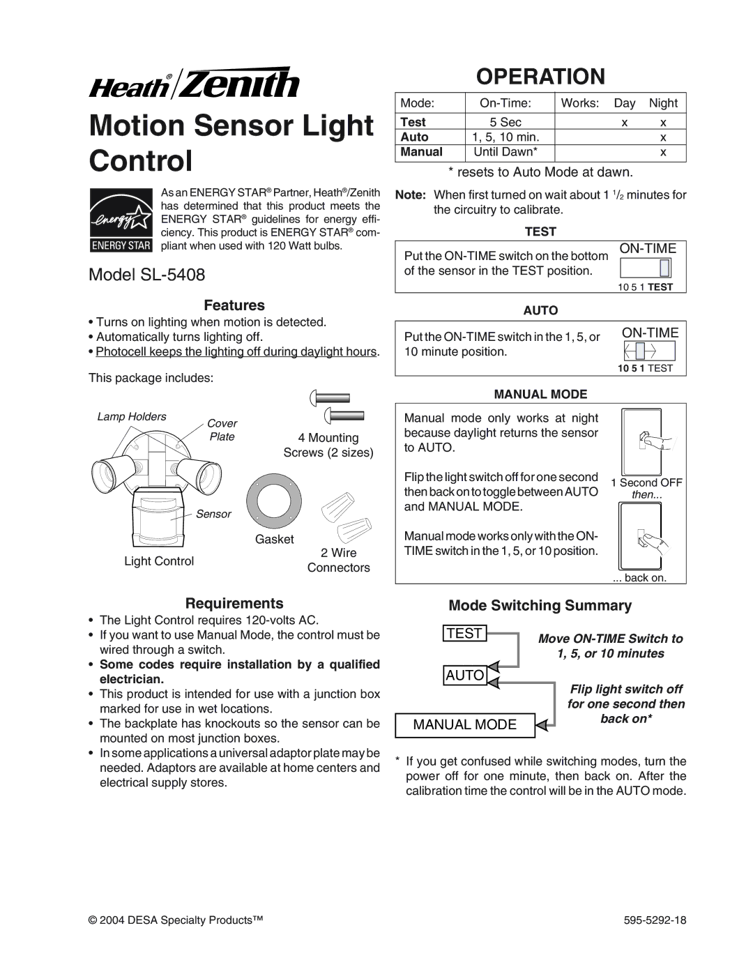 Heath Zenith SL-5408-WH manual Operation, Model SL-5408, Features, Requirements, Mode Switching Summary 