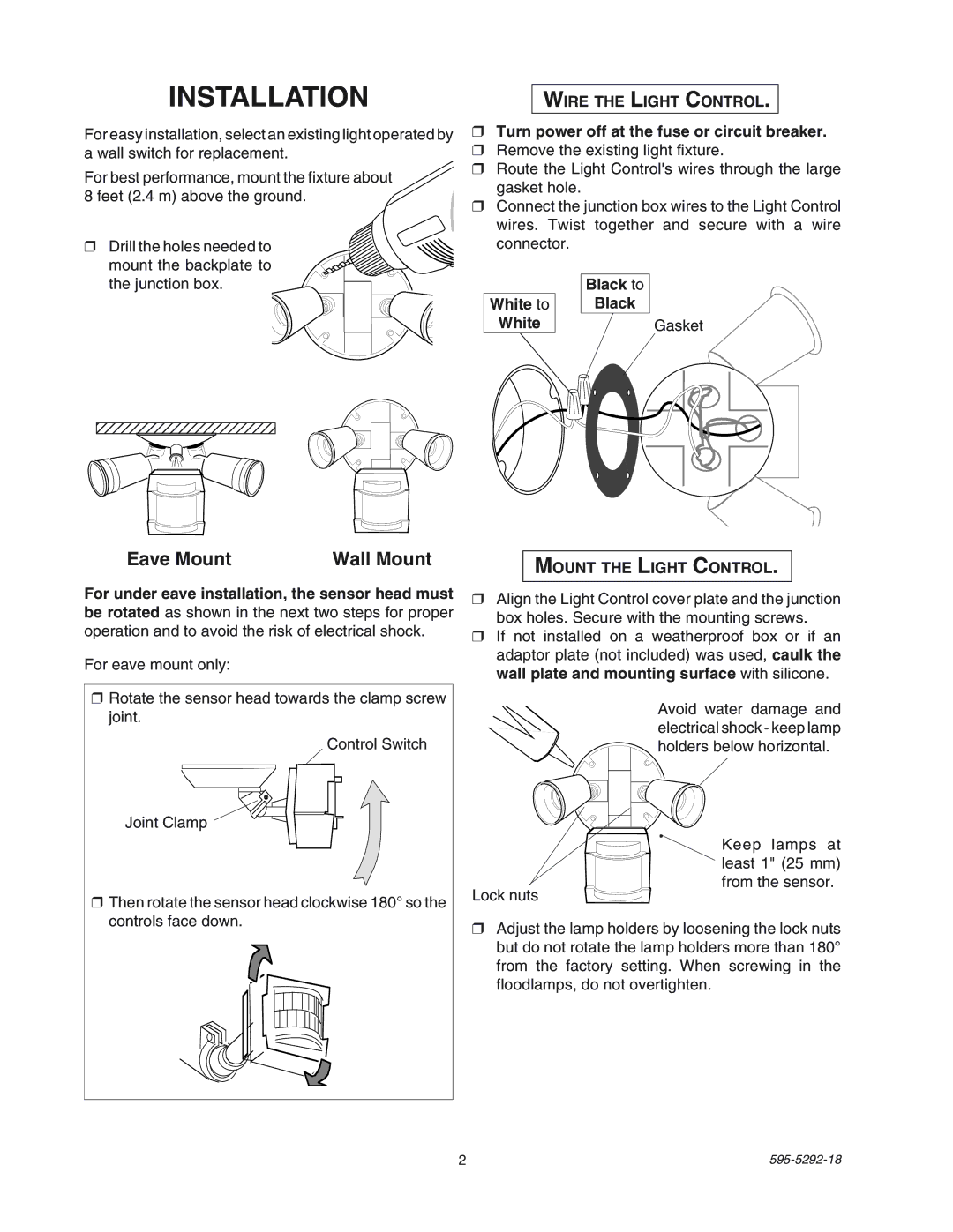 Heath Zenith SL-5408 manual Installation, Eave Mount Wall Mount, Turn power off at the fuse or circuit breaker, Black to 