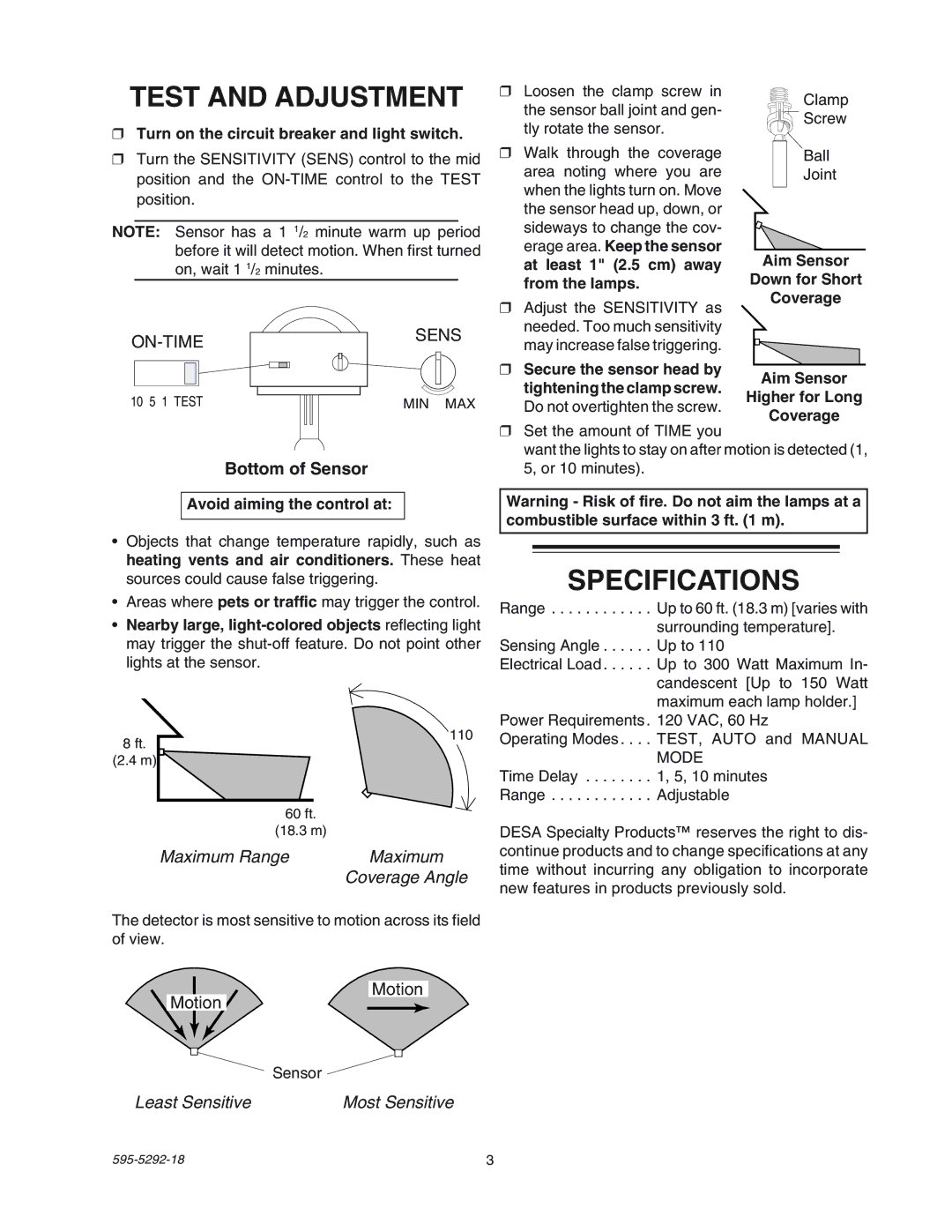 Heath Zenith SL-5408-WH manual Test and Adjustment, Specifications, Maximum Range, Coverage Angle, Least Sensitive 