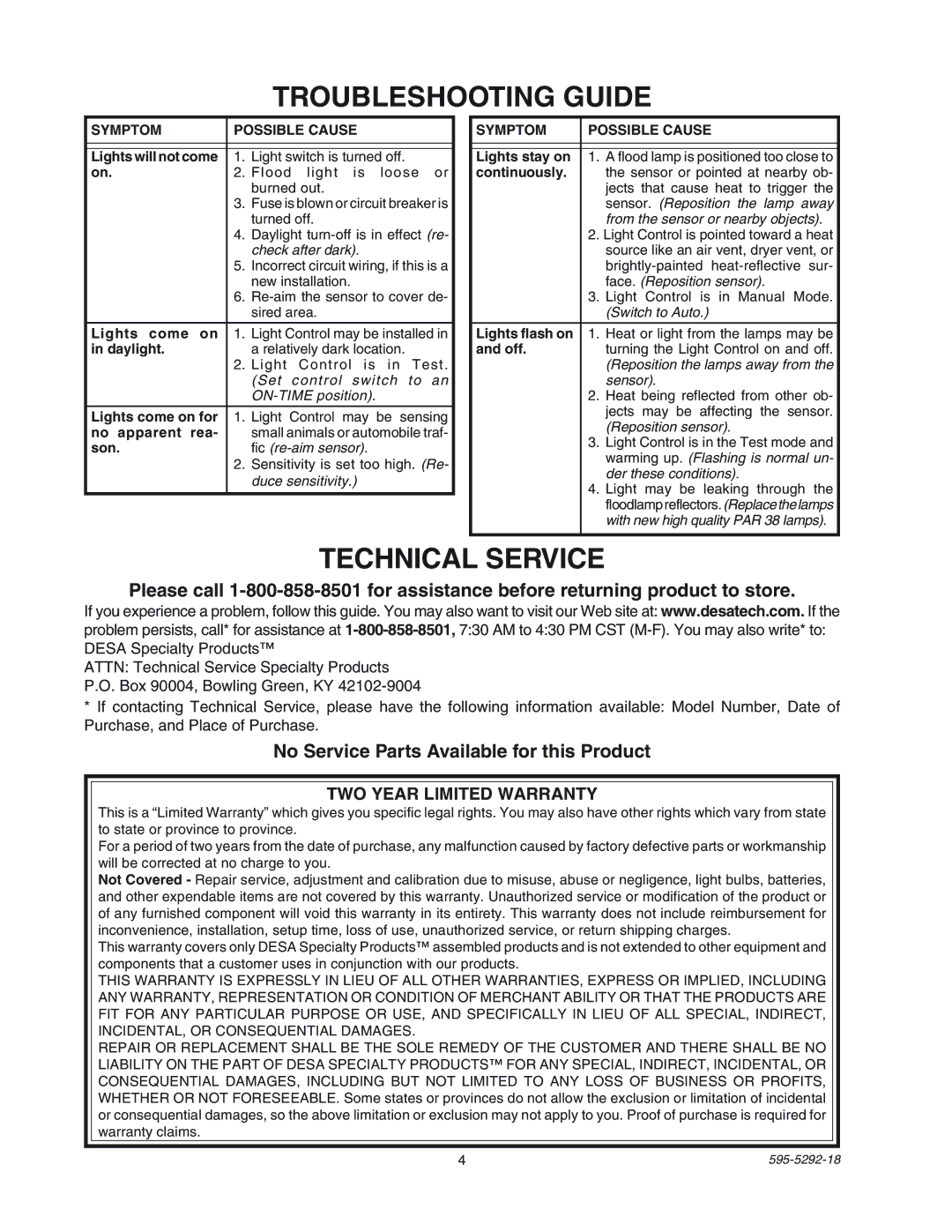 Heath Zenith SL-5408-WH manual Troubleshooting Guide, Technical Service, No Service Parts Available for this Product 