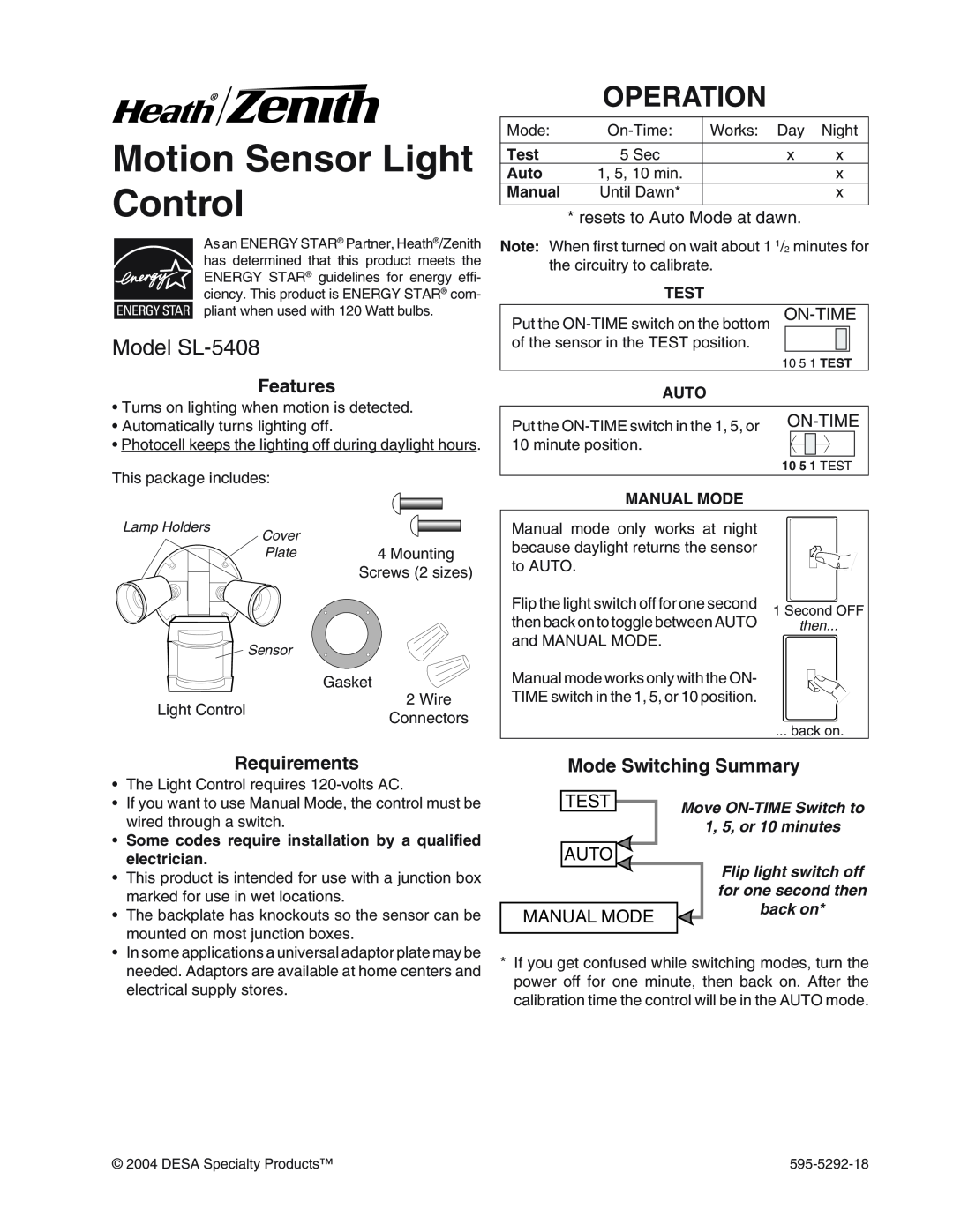 Heath Zenith SL-5408-WH manual Motion Sensor Light Control, Operation, Model SL-5408, Features, Requirements, On-Time 
