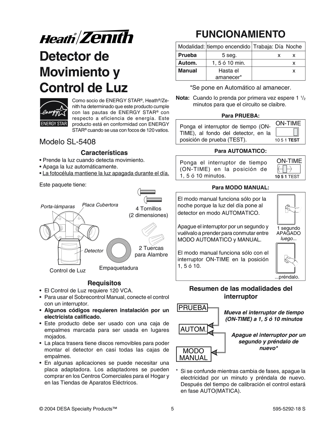 Heath Zenith SL-5408-WH Detector de Movimiento y Control de Luz, Funcionamiento, Modelo SL-5408, Caracter’sticas, Prueba 