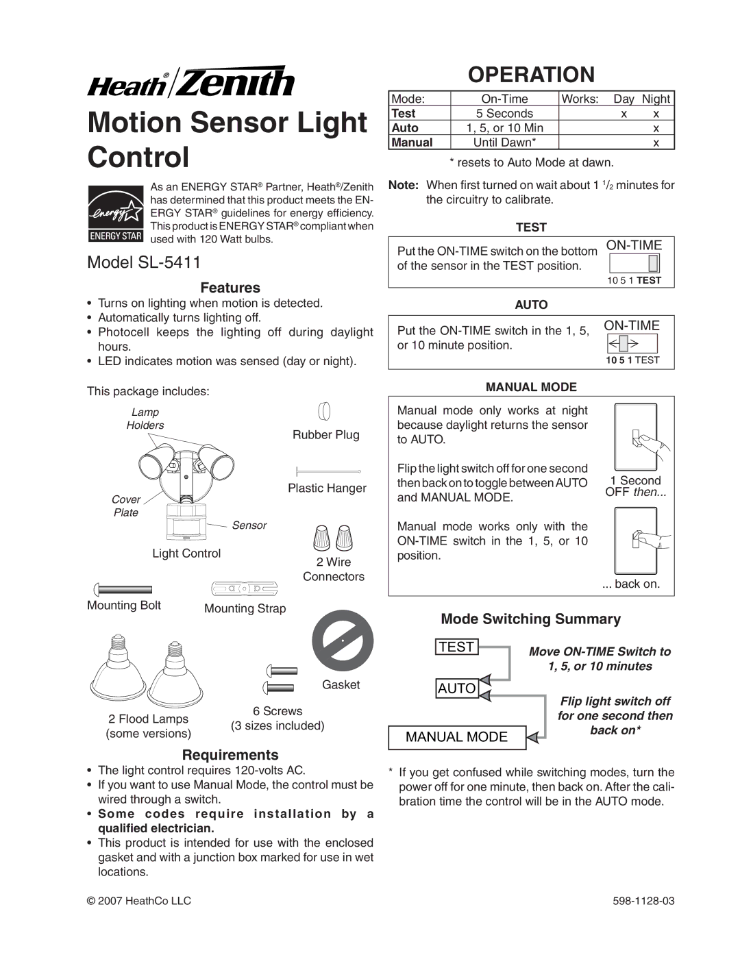 Heath Zenith SL-5411-WH manual Operation, Model SL-5411, Features, Requirements 