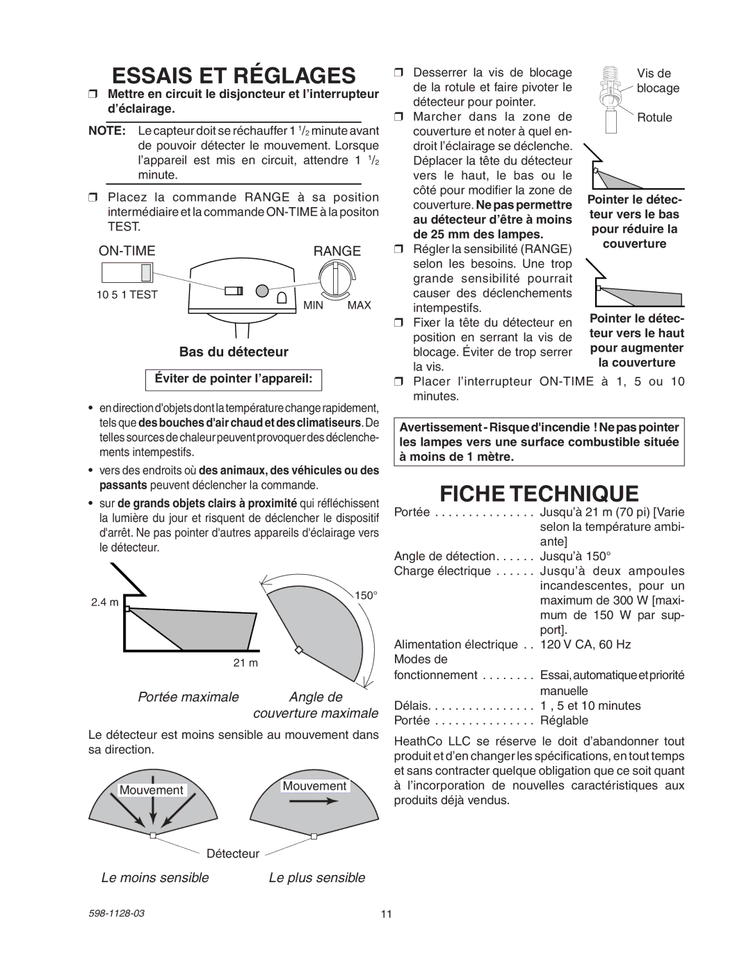 Heath Zenith SL-5411-WH Essais ET Réglages, Fiche Technique, Bas du détecteur, Portée maximale Angle de, Le moins sensible 