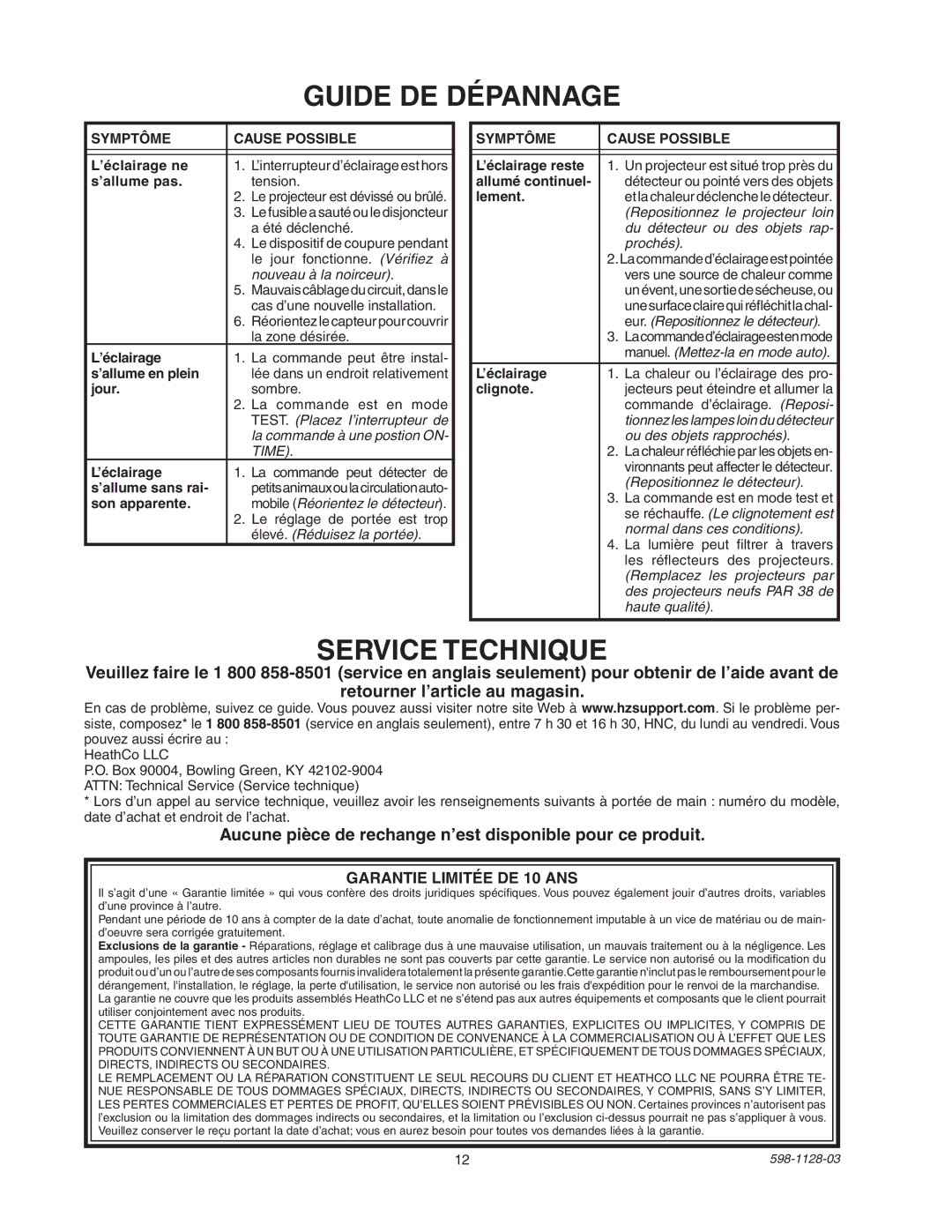 Heath Zenith SL-5411-WH Guide DE Dépannage, Service Technique, Aucune pièce de rechange n’est disponible pour ce produit 