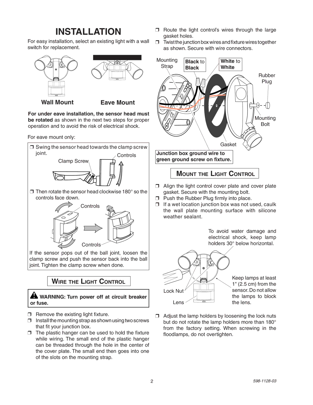 Heath Zenith SL-5411-WH manual Installation, Wall Mount Eave Mount, Black to White to, Wire the Light Control 