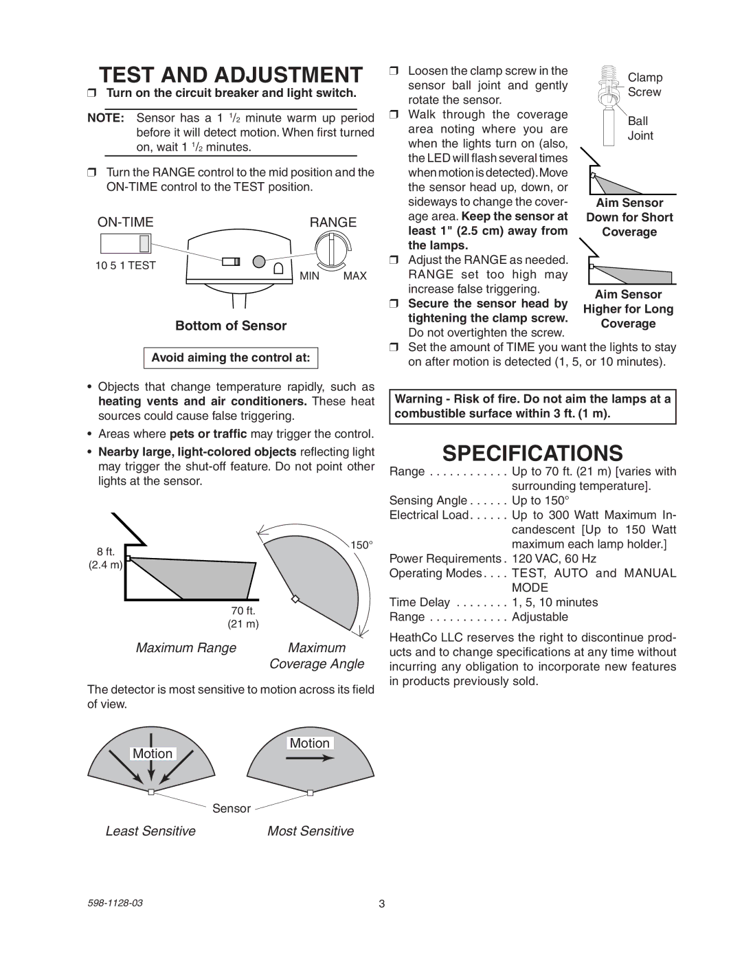 Heath Zenith SL-5411-WH manual Test and Adjustment, Specifications, Bottom of Sensor, Maximum Range, Least Sensitive 