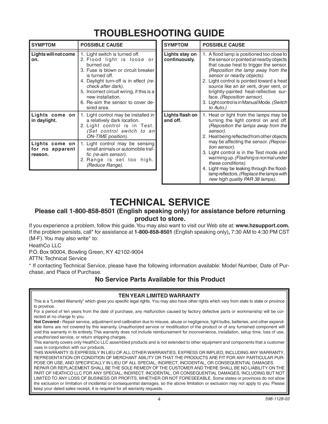 Heath Zenith SL-5411-WH Troubleshooting Guide, No Service Parts Available for this Product, TEN Year Limited Warranty 