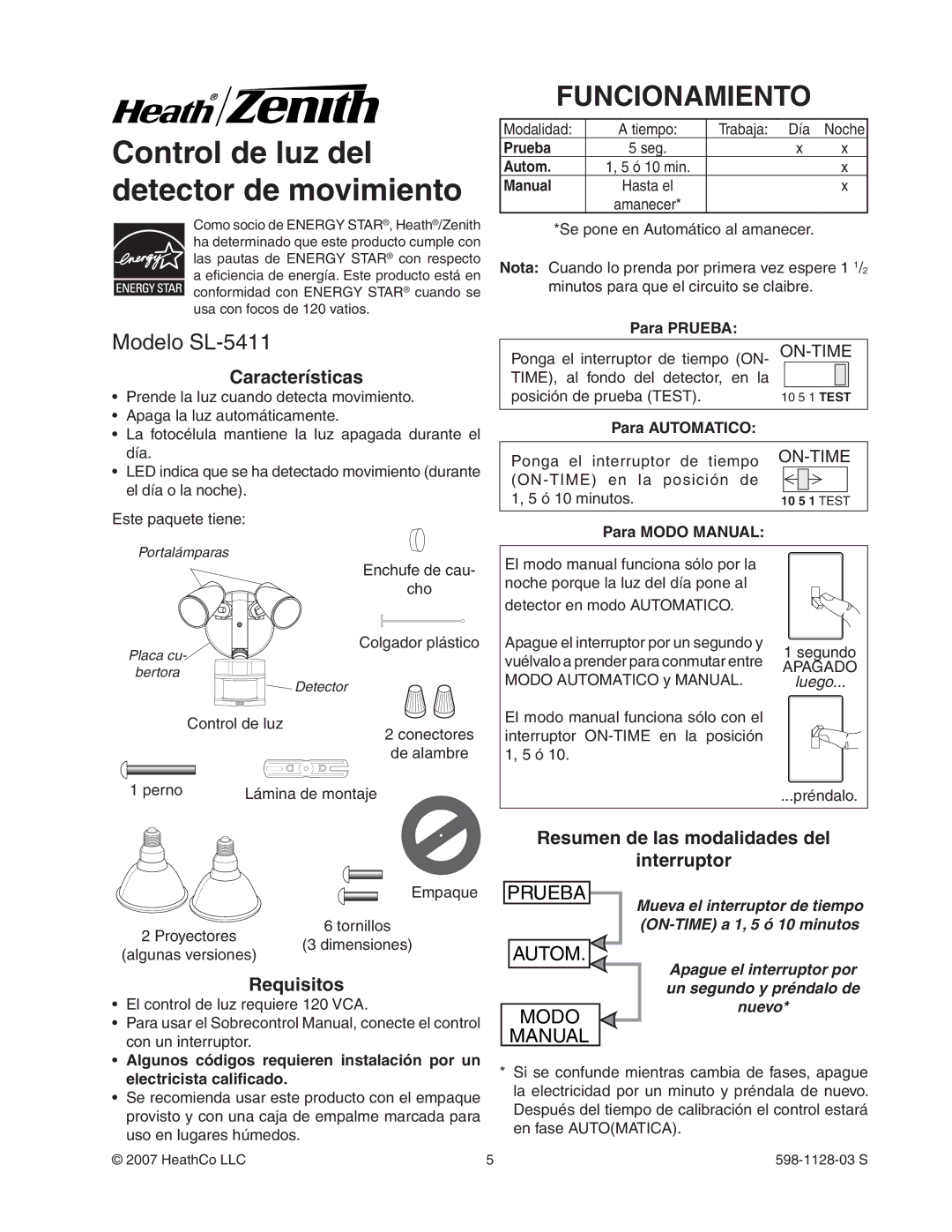 Heath Zenith SL-5411-WH manual Funcionamiento, Modelo SL-5411, Características, Requisitos 