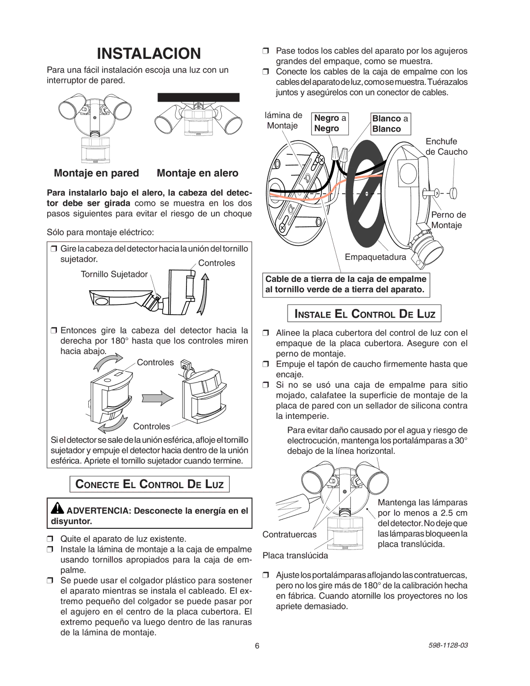 Heath Zenith SL-5411-WH manual Instalacion, Montaje en pared Montaje en alero 