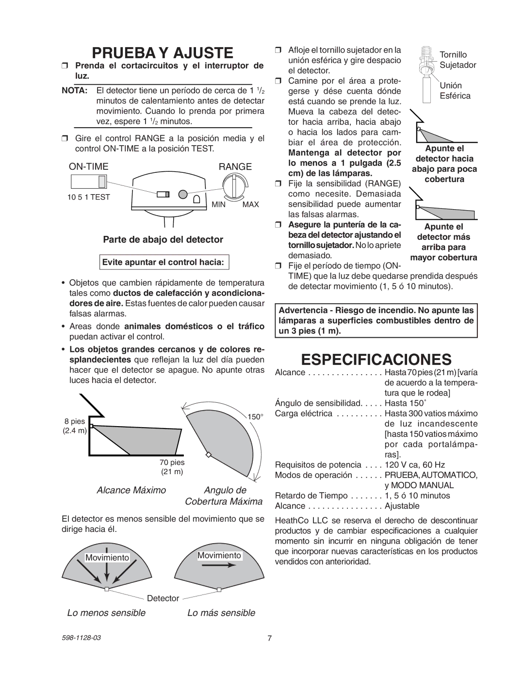 Heath Zenith SL-5411-WH manual Prueba Y Ajuste, Especificaciones, Parte de abajo del detector, Lo menos sensible 