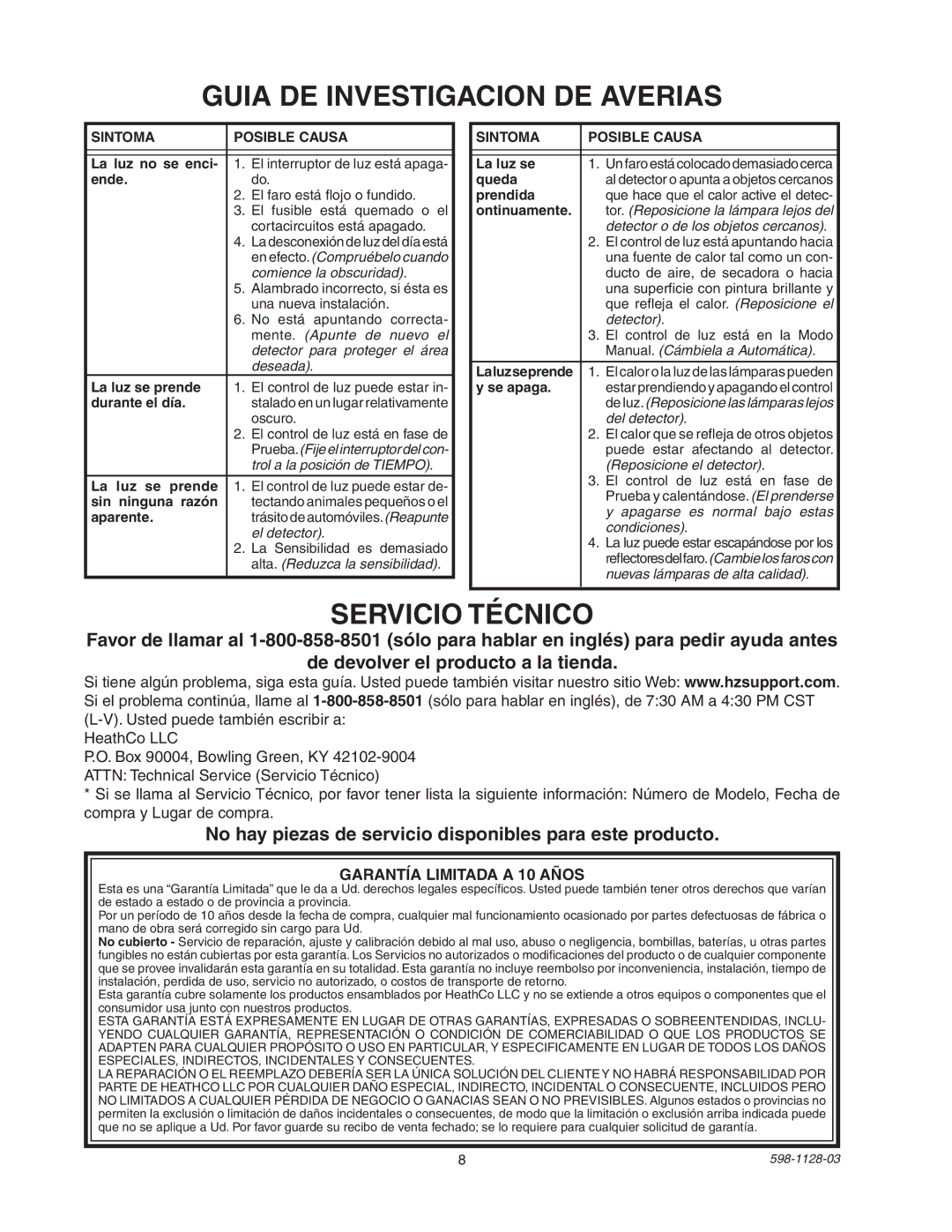 Heath Zenith SL-5411-WH manual Guia DE Investigacion DE Averias, Servicio Técnico, Garantía Limitada a 10 Años 