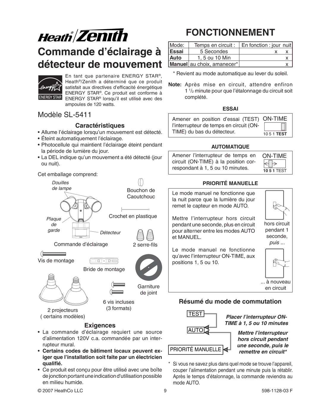 Heath Zenith SL-5411-WH manual Fonctionnement, Modèle SL-5411, Caractéristiques, Exigences, Résumé du mode de commutation 