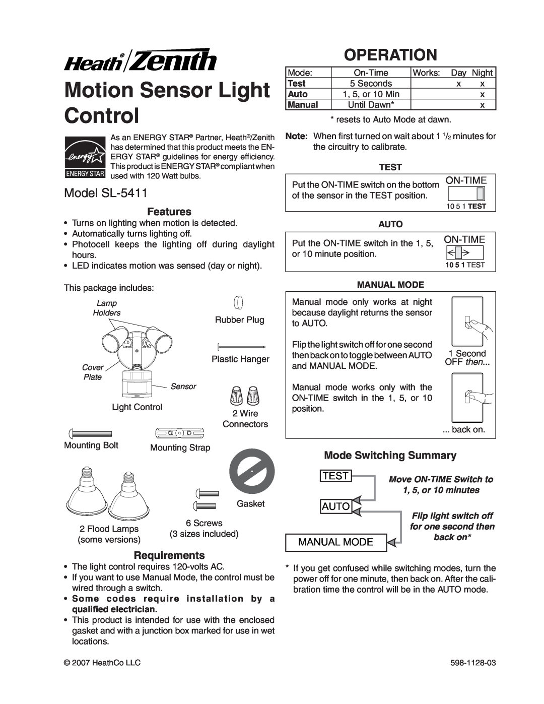 Heath Zenith SL-5411-WH manual Operation, Model SL-5411, Motion Sensor Light Control, Mode Switching Summary, On-Time 