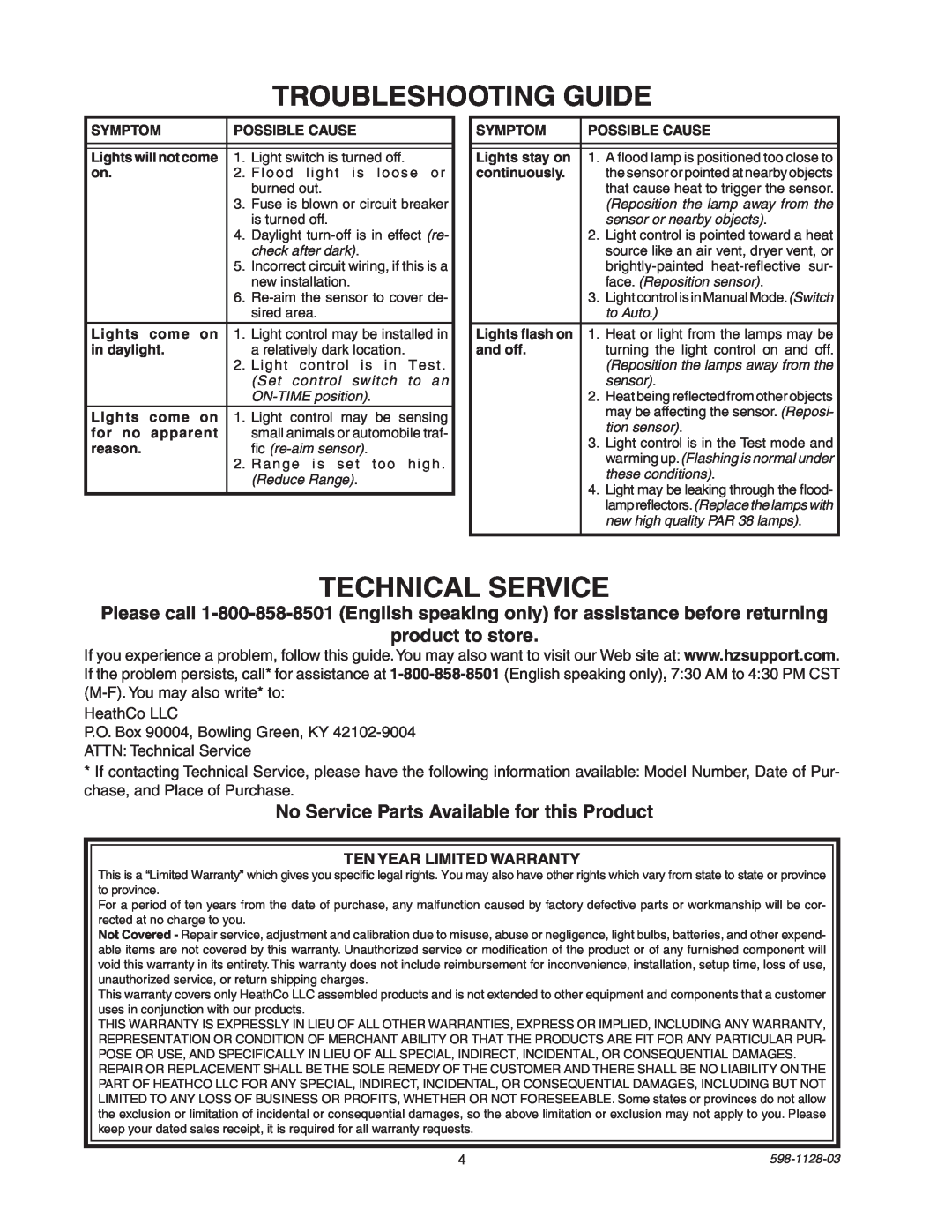 Heath Zenith SL-5411-WH manual Troubleshooting Guide, Technical Service, product to store 