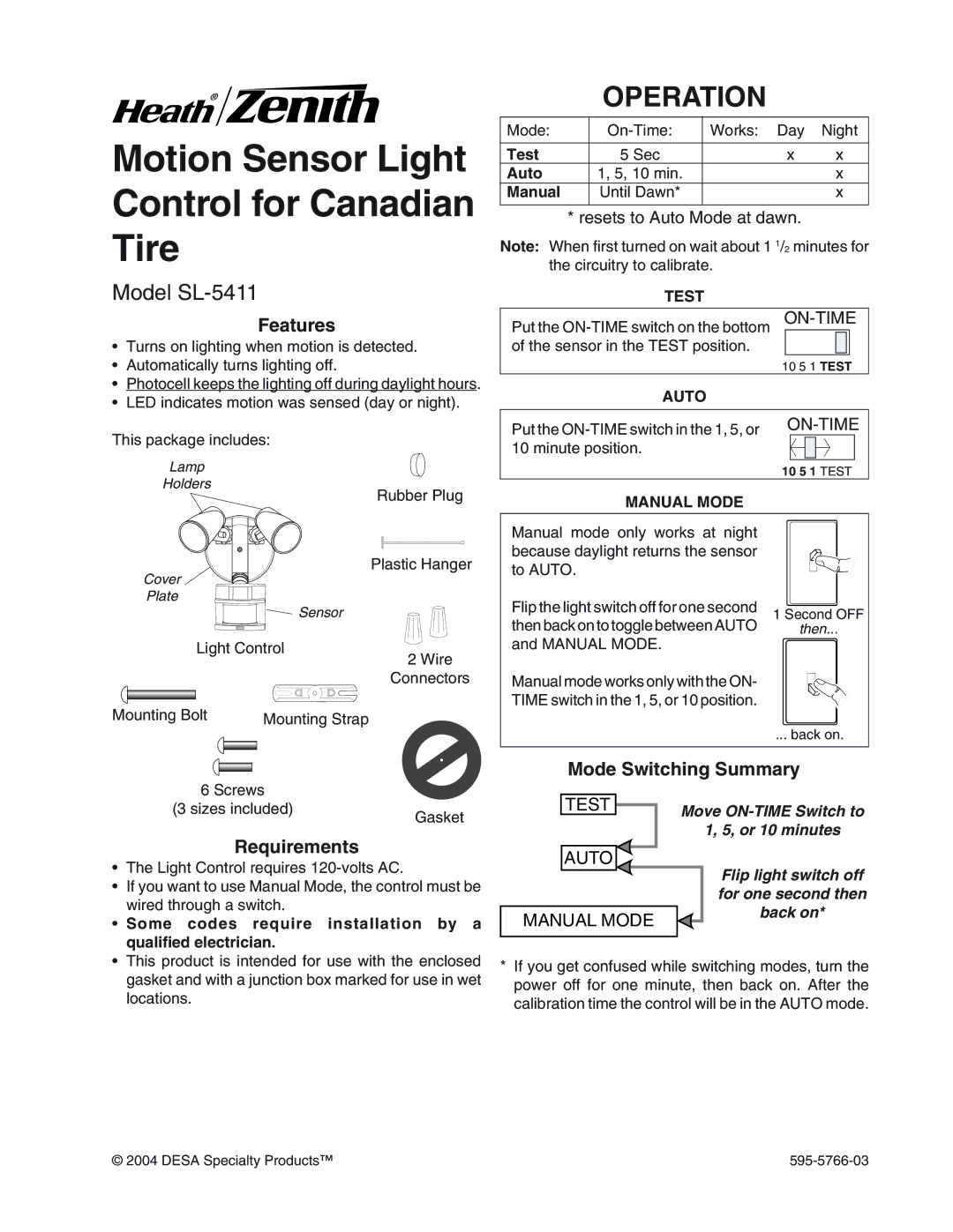 Heath Zenith manual Operation, Model SL-5411, Features, Requirements, Mode Switching Summary 